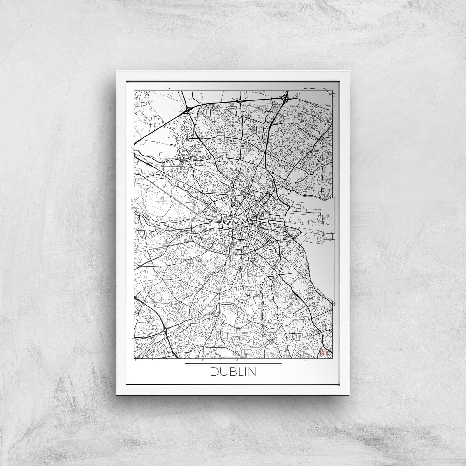 City Art Black and White Outlined Dublin Map Art Print - A2 - White Frame
