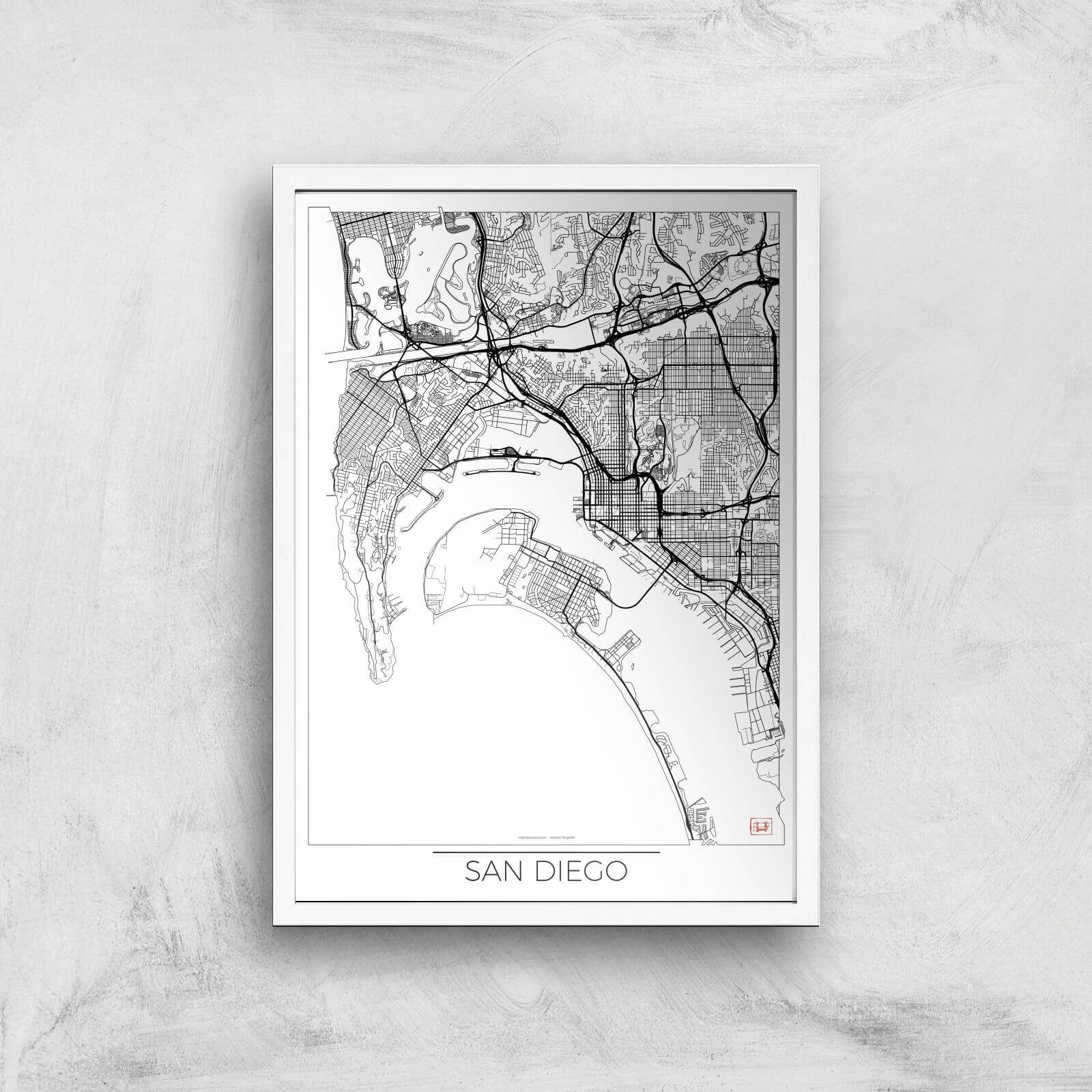 City Art Black and White Outlined San Diego Map Art Print - A2 - White Frame