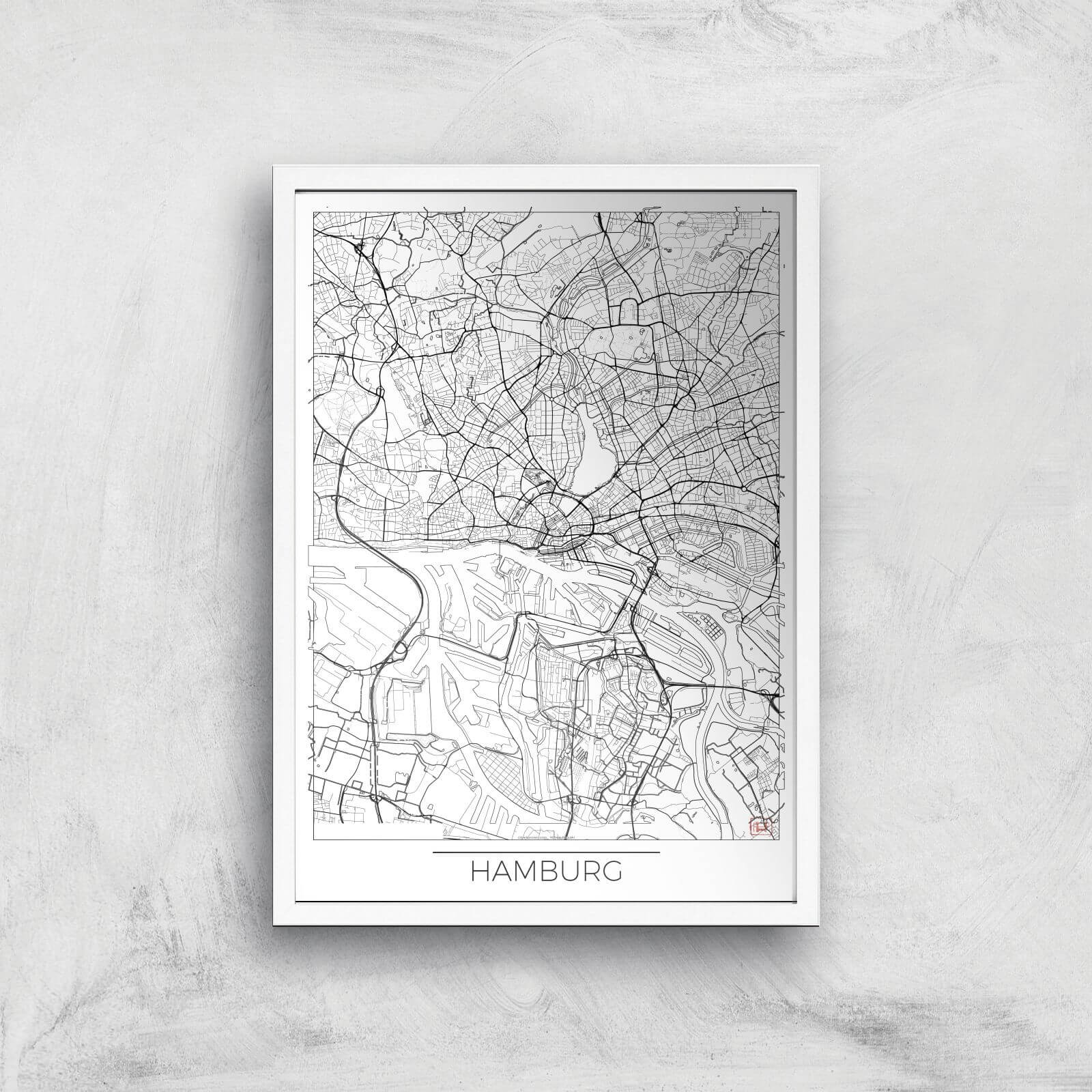 City Art Black and White Outlined Hamburg Map Art Print - A2 - White Frame