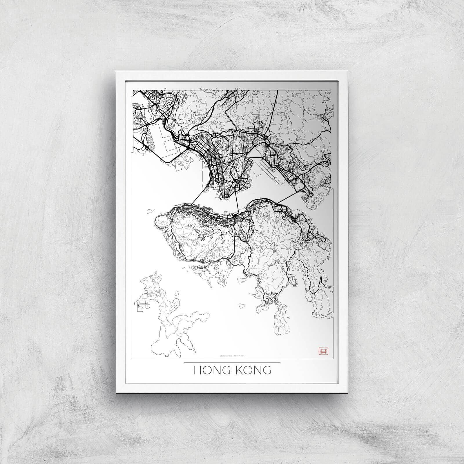 City Art Black and White Outlined Hong Kong Map Art Print - A2 - White Frame