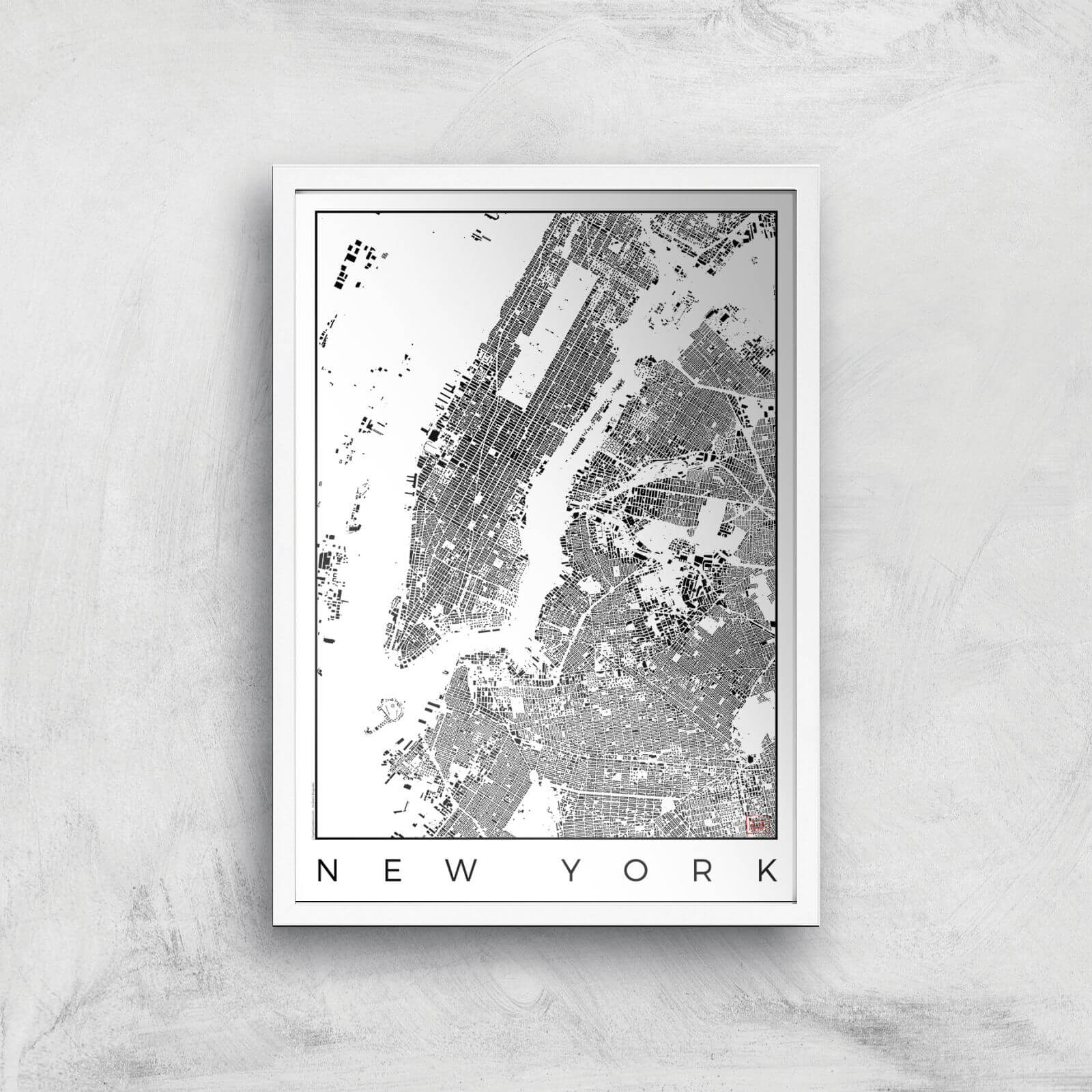City Art Black and White New York Map Art Print - A2 - White Frame