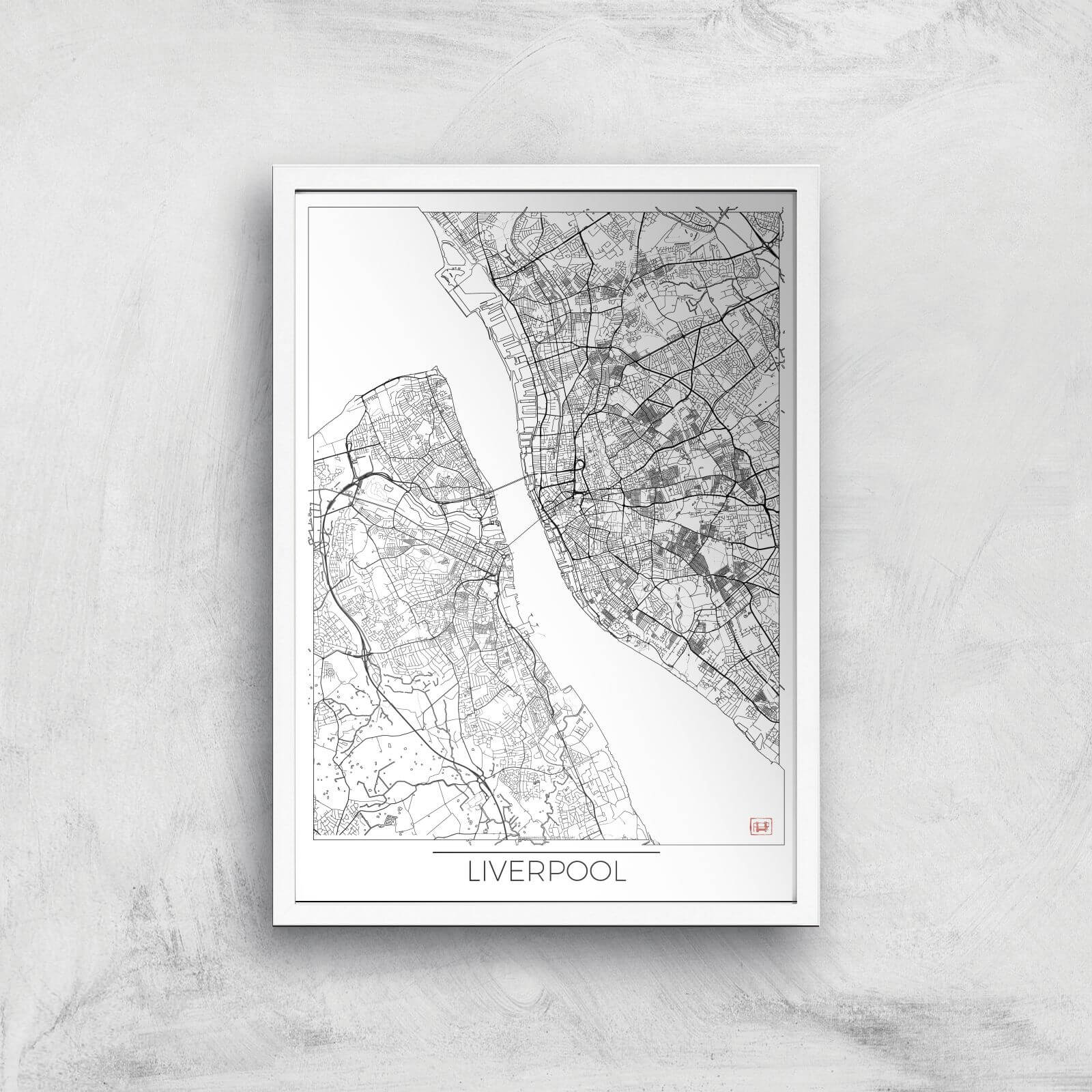 City Art Black and White Outlined Liverpool Map Art Print - A2 - White Frame