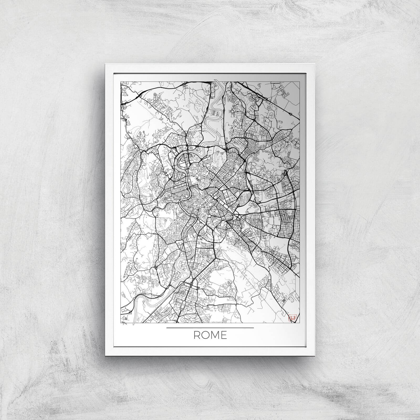 City Art Black and White Outlined Rome Map Art Print - A2 - White Frame