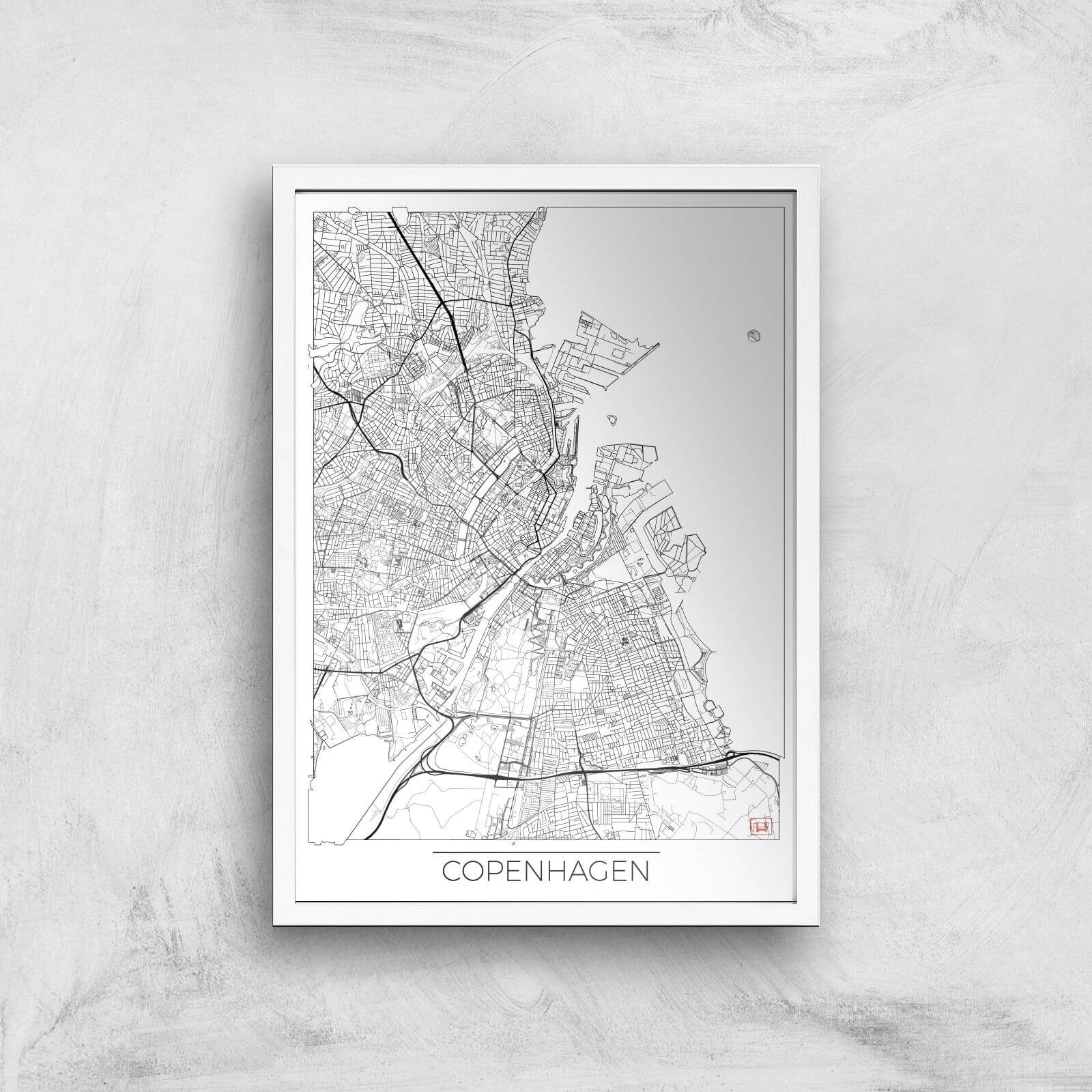 City Art Black and White Outlined Copenhagen Map Art Print - A2 - White Frame