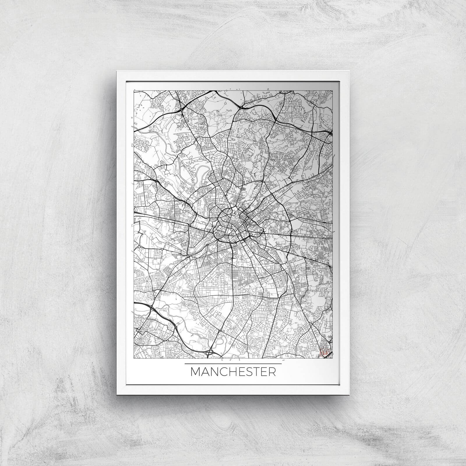City Art Black and White Outlined Manchester Map Art Print - A2 - White Frame