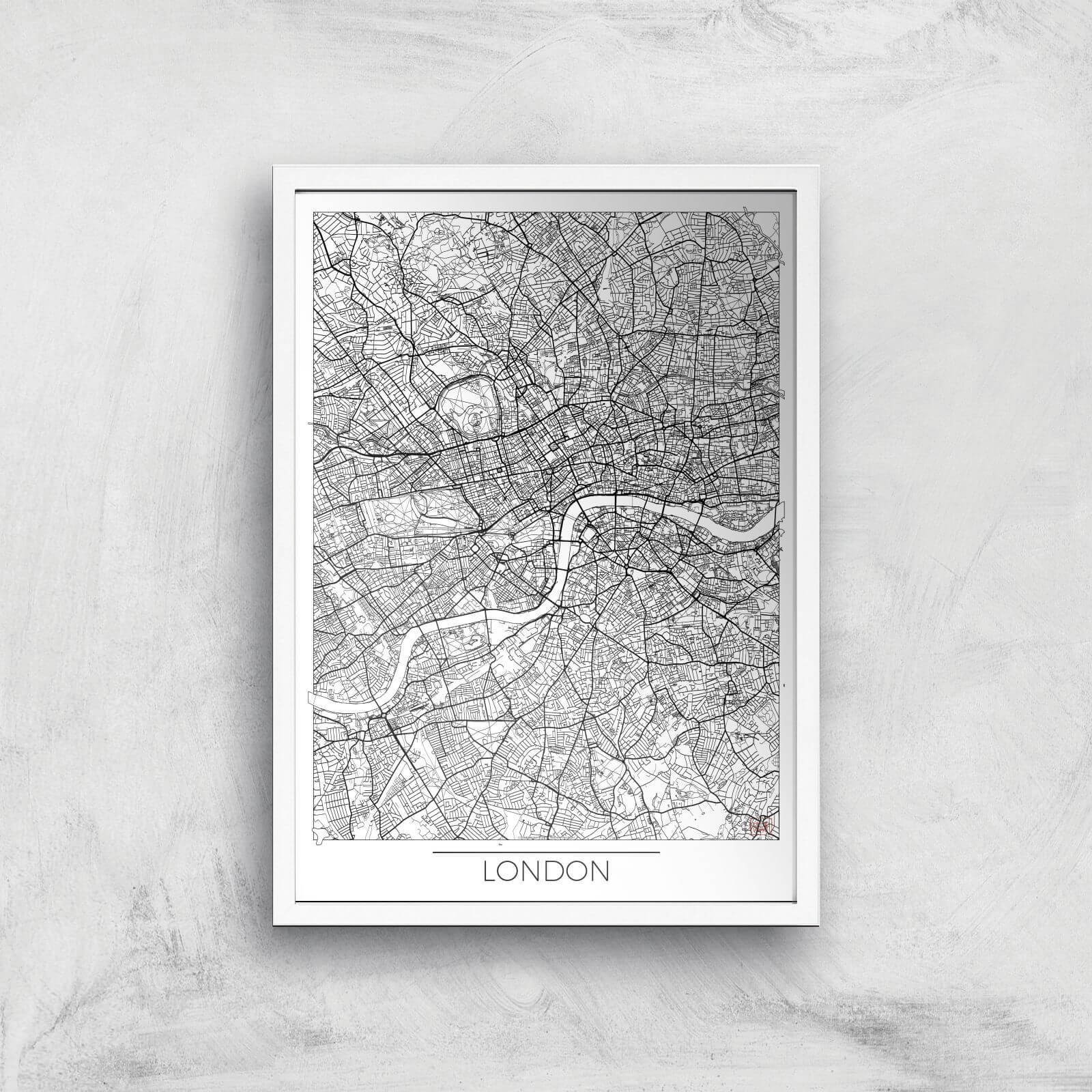 City Art Black and White Outlined London Map Art Print - A2 - White Frame