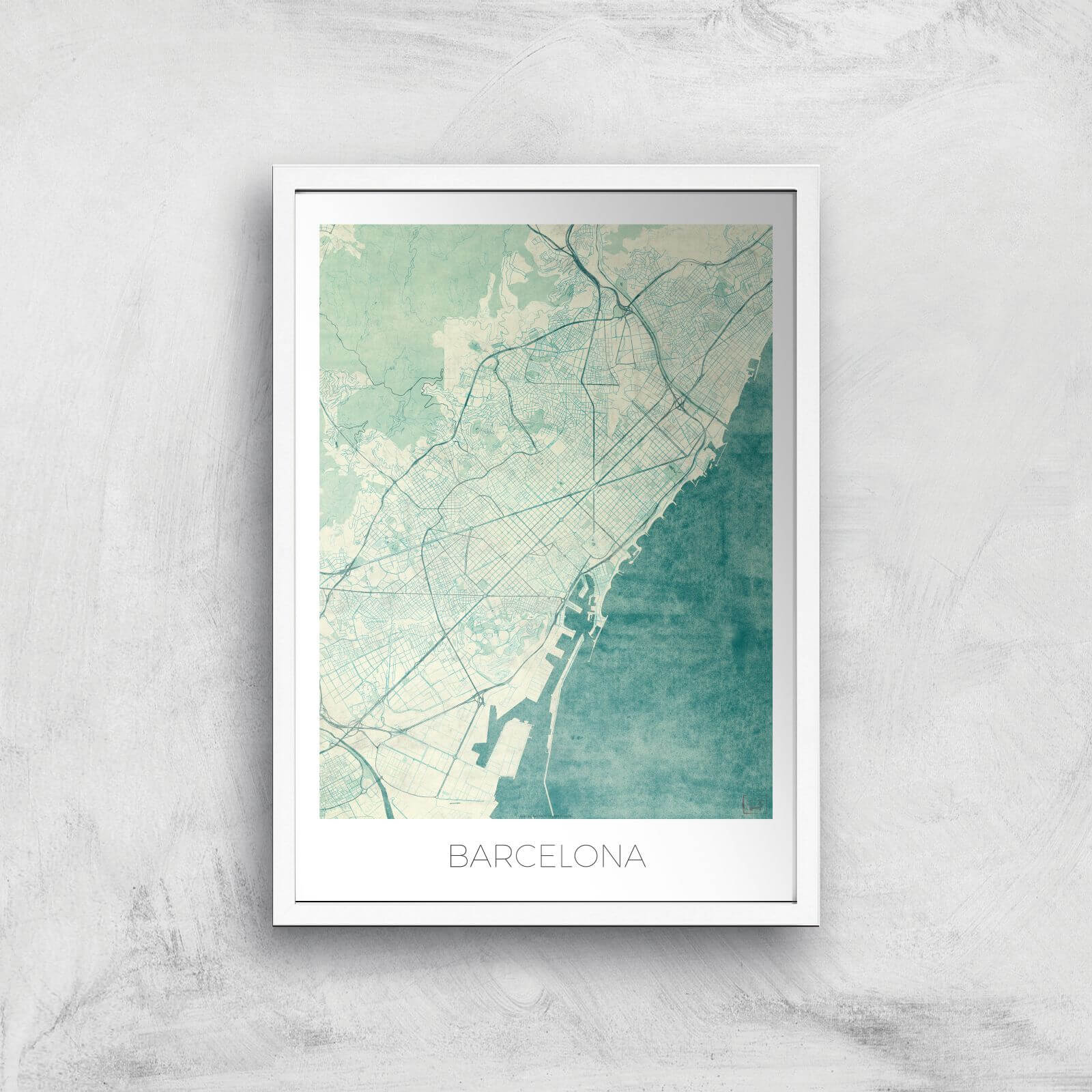 City Art Coloured Barcelona Map Art Print - A2 - White Frame