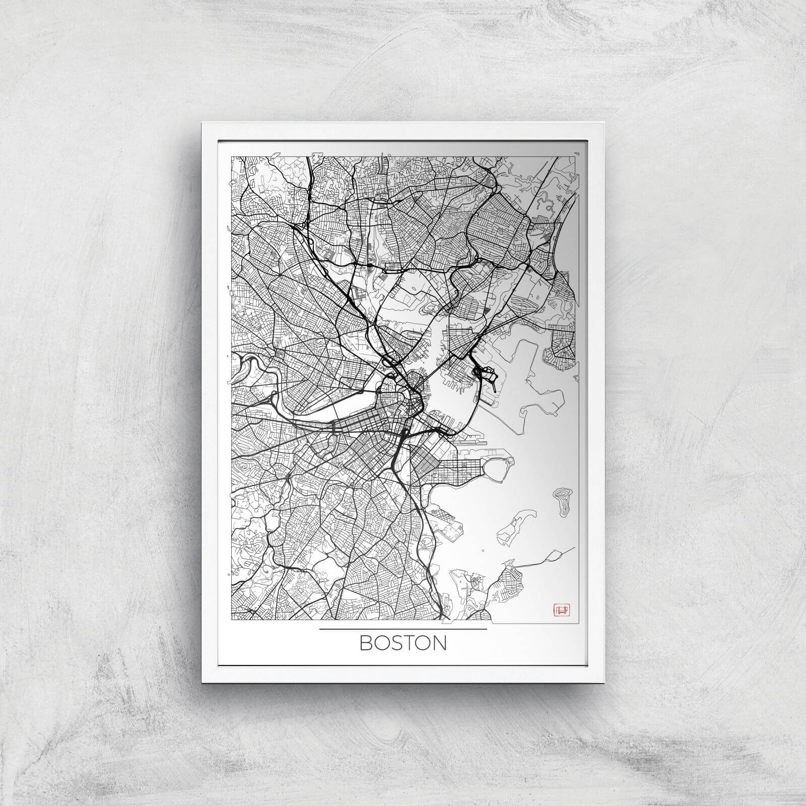 City Art Black and White Outlined Boston Map Art Print - A2 - White Frame
