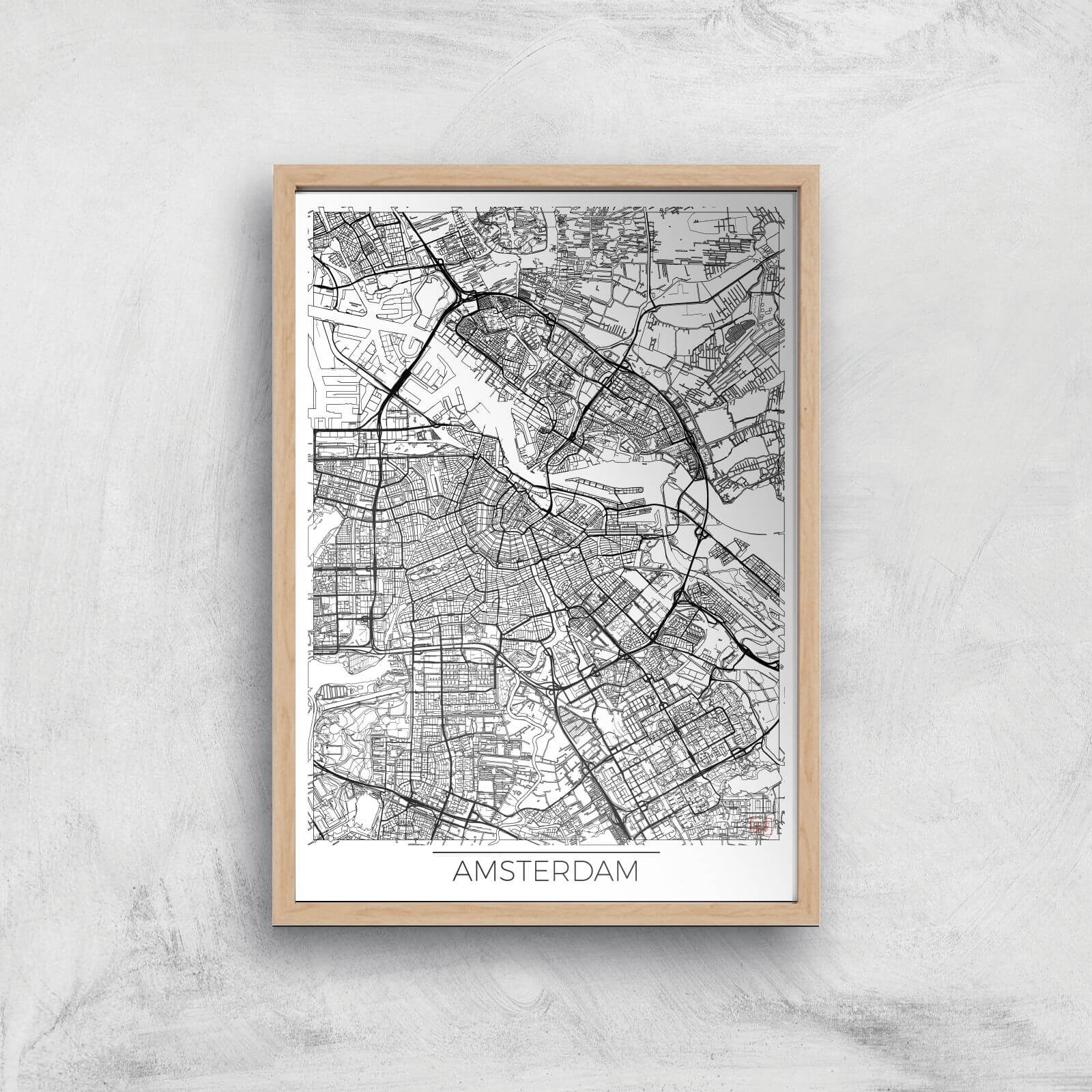 City Art Black and White Outlined Amsterdam Map Art Print - A2 - Wood Frame