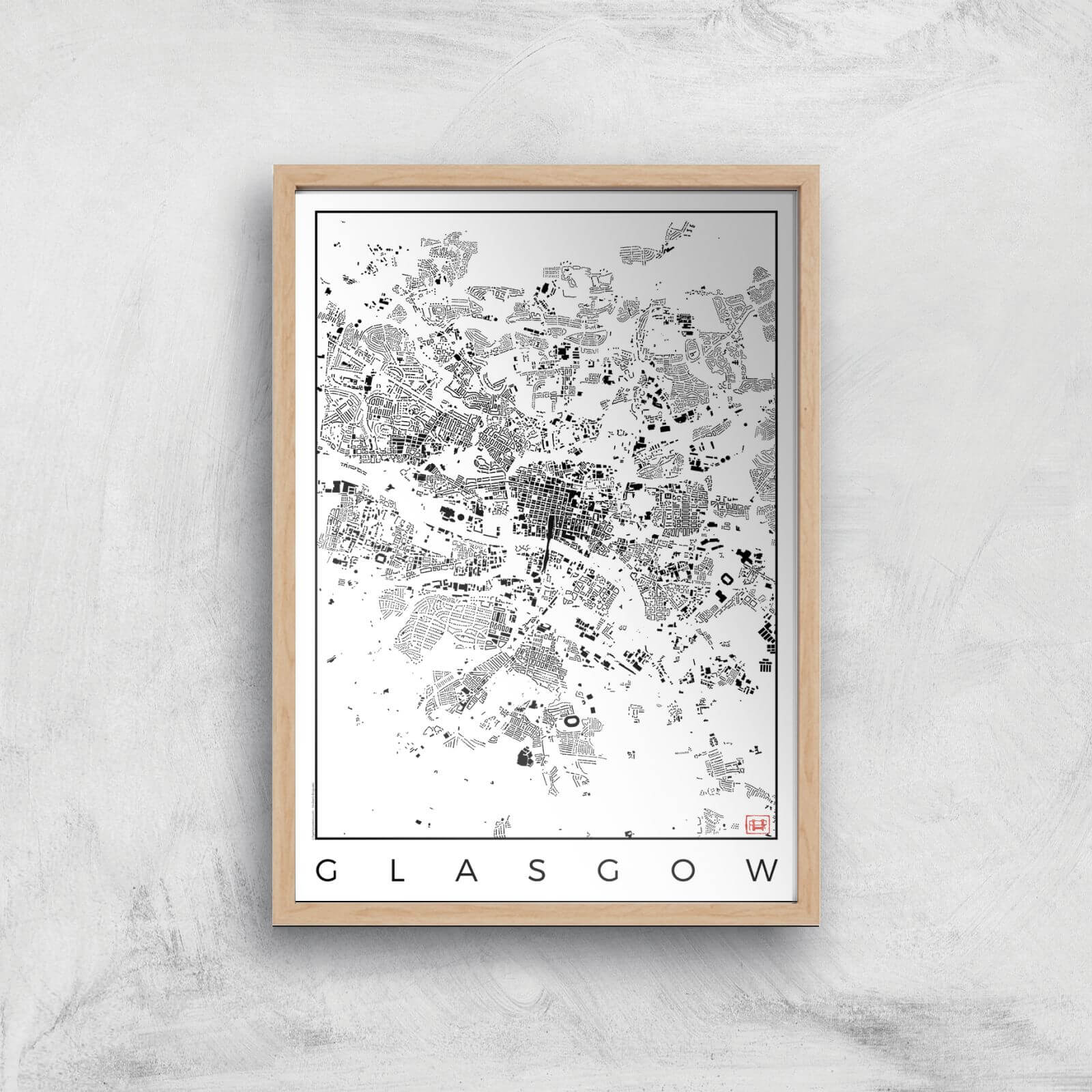 City Art Black and White Glasgow Map Art Print - A2 - Wood Frame
