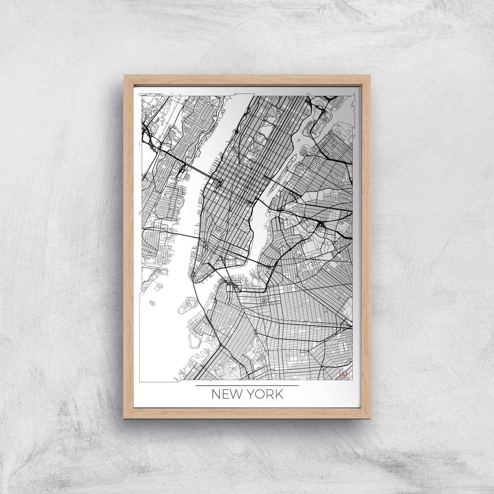 City Art Black and White Outlined New York Map Art Print - A2 - Wood Frame