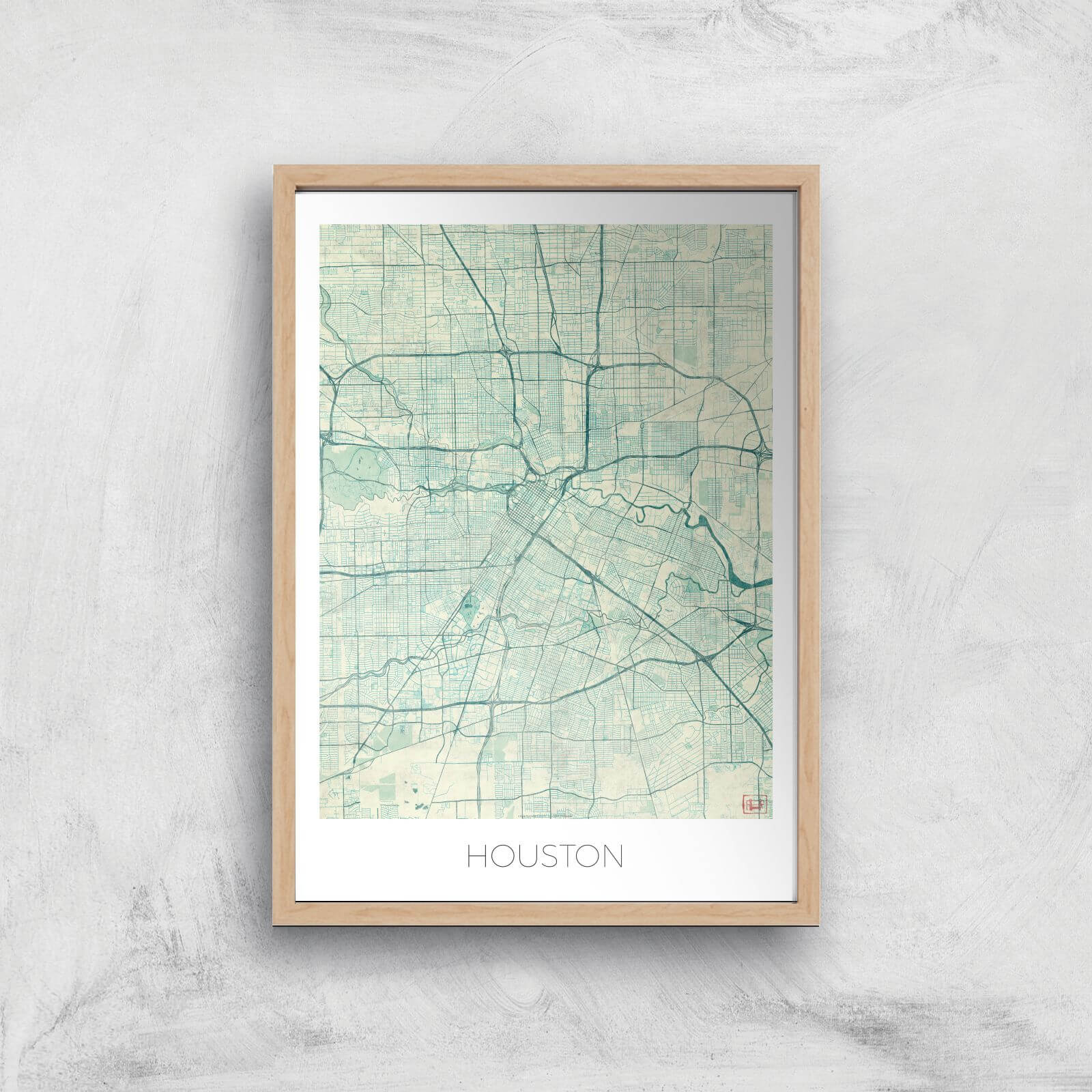 City Art Coloured Houston Map Art Print - A2 - Wood Frame