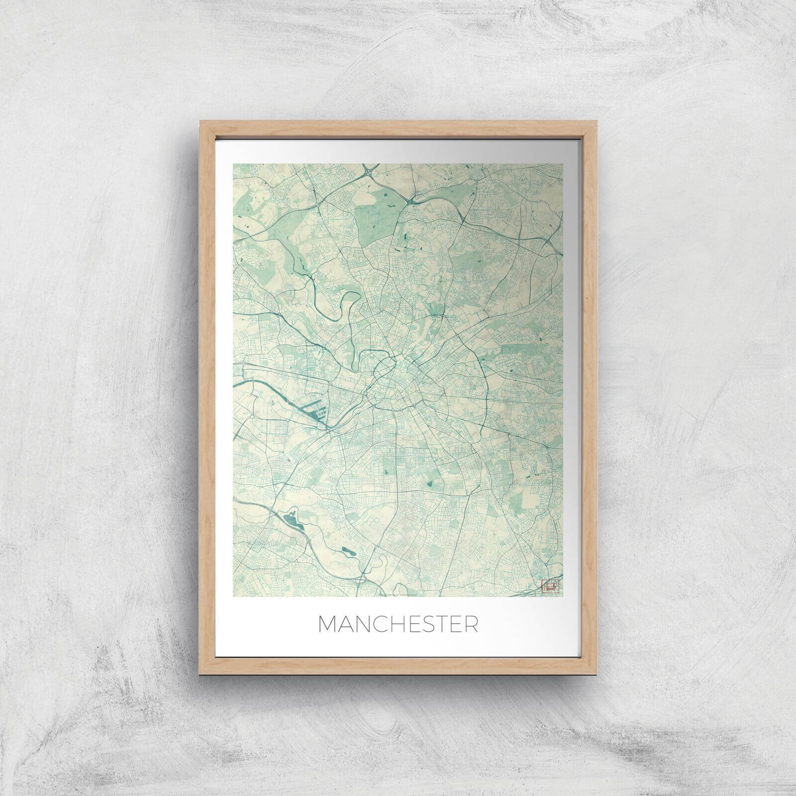 City Art Coloured Manchester Map Art Print - A2 - Wood Frame