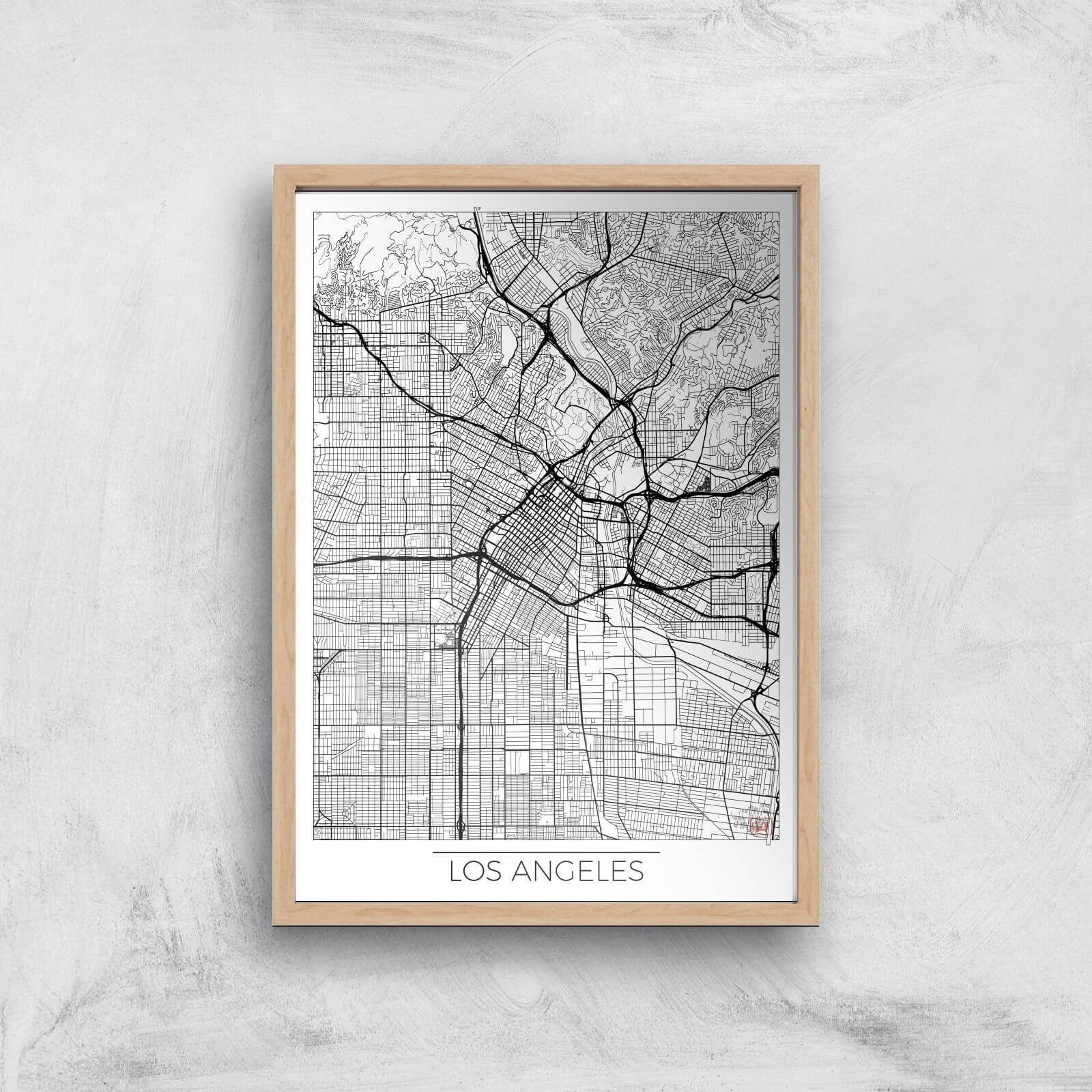 City Art Black and White Outlined Los Angeles Map Art Print - A2 - Wood Frame