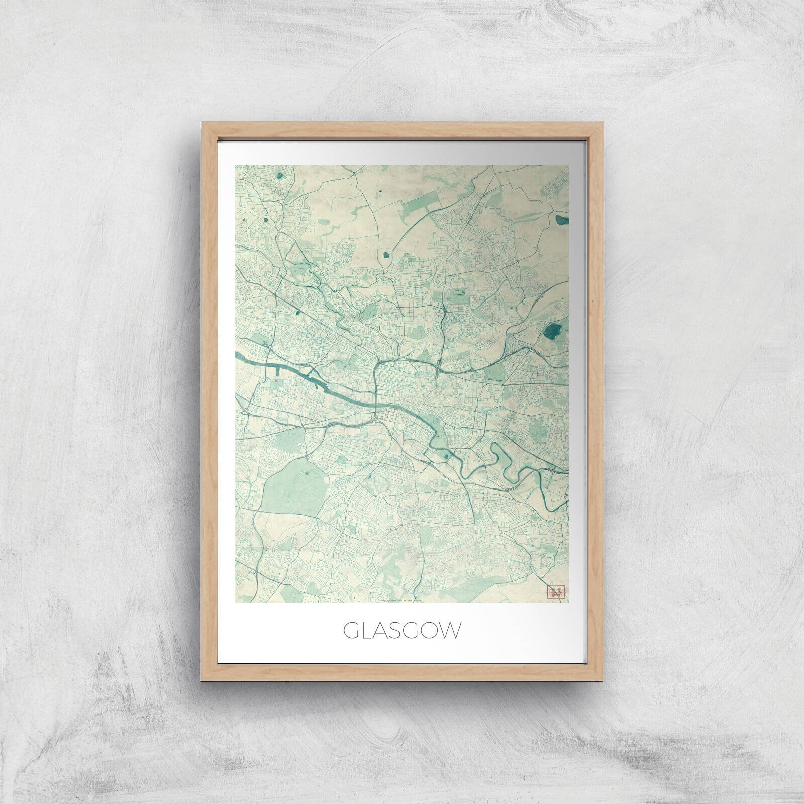 City Art Coloured Glasgow Map Art Print - A2 - Wood Frame