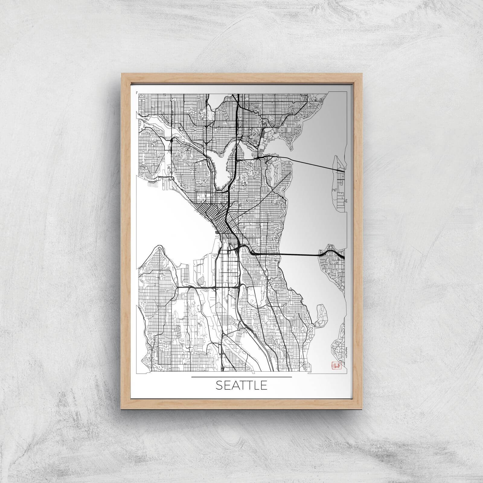 City Art Black and White Outlined Seattle Map Art Print - A2 - Wood Frame