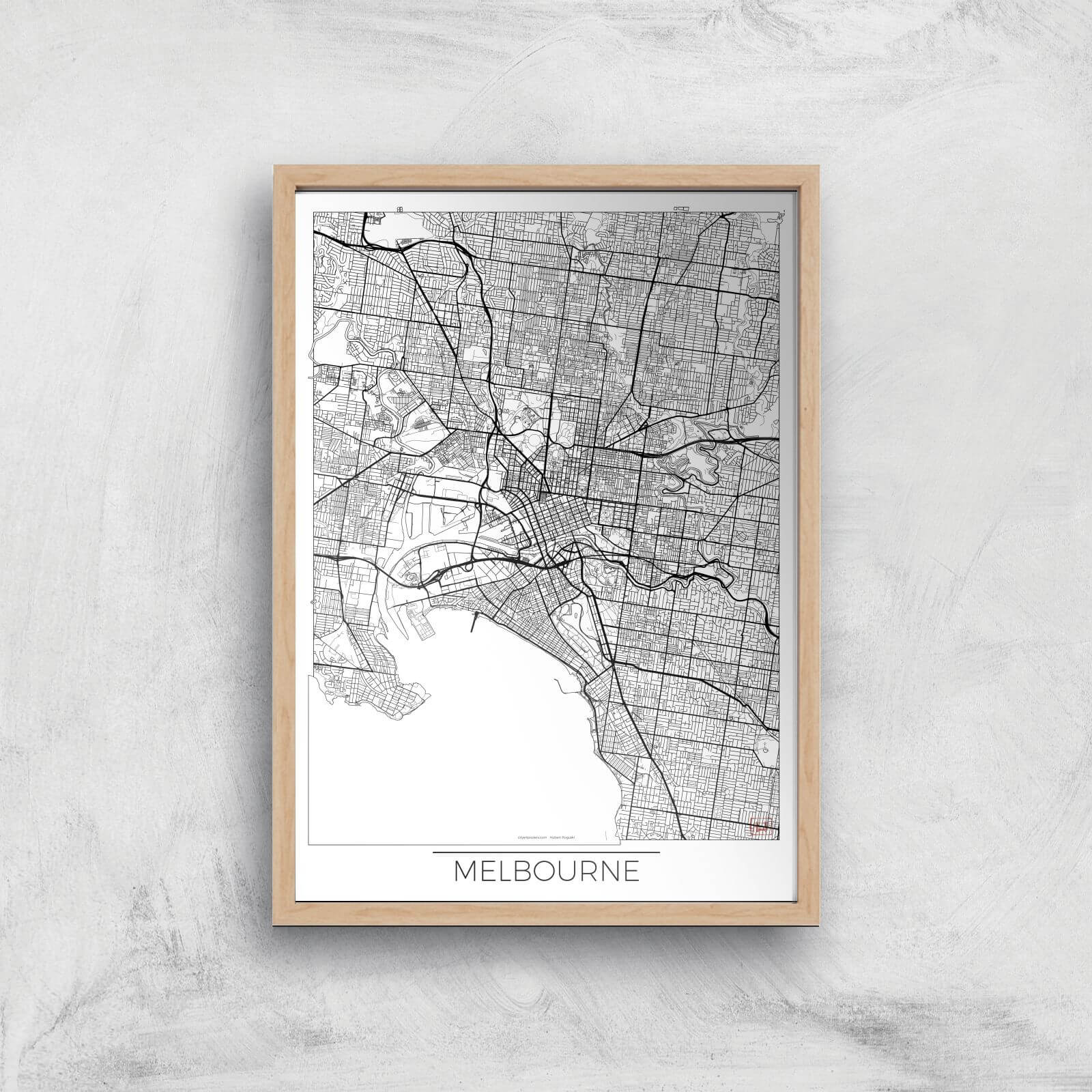 City Art Black and White Outlined Melbourne Map Art Print - A2 - Wood Frame
