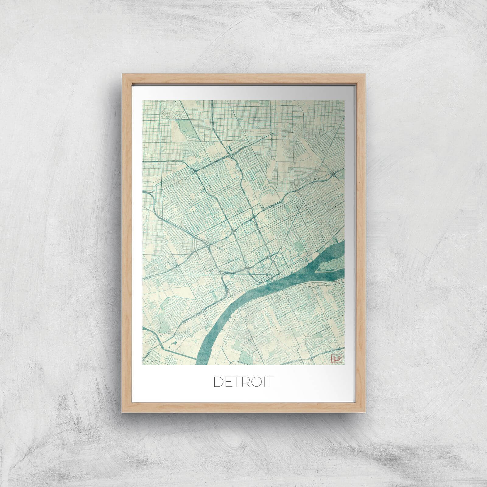 City Art Coloured Detroit Map Art Print - A2 - Wood Frame