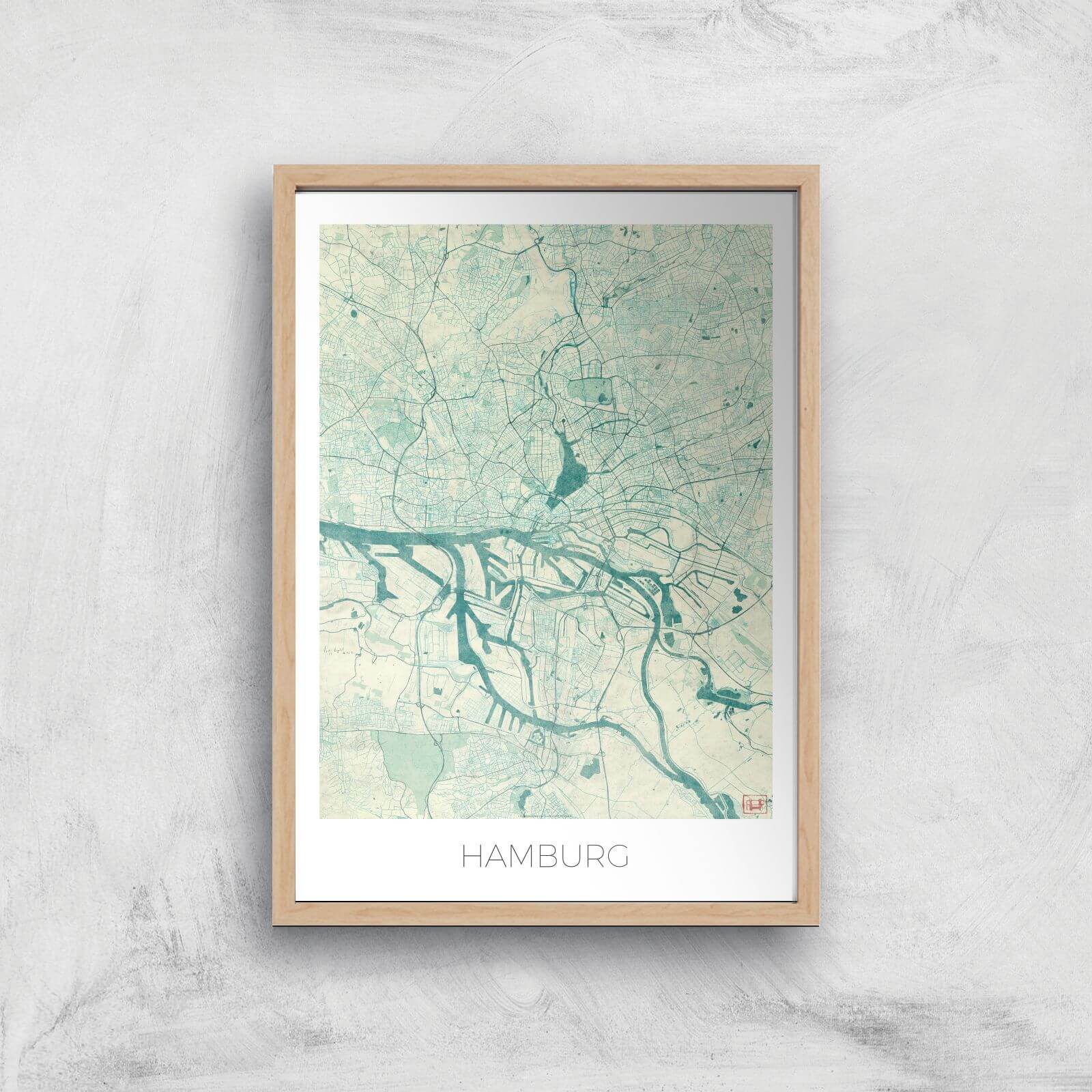 City Art Coloured Hamburg Map Art Print - A2 - Wood Frame