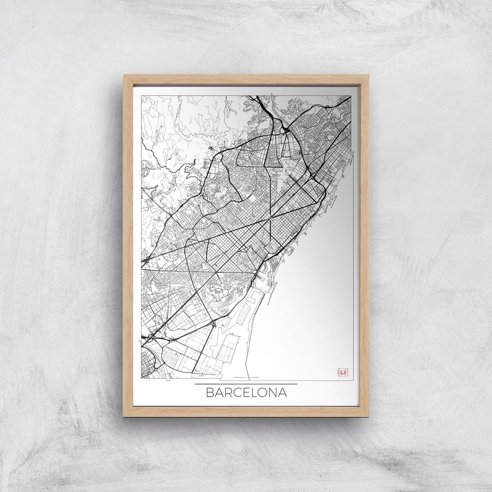City Art Black and White Outlined Barcelona Map Art Print - A2 - Wood Frame