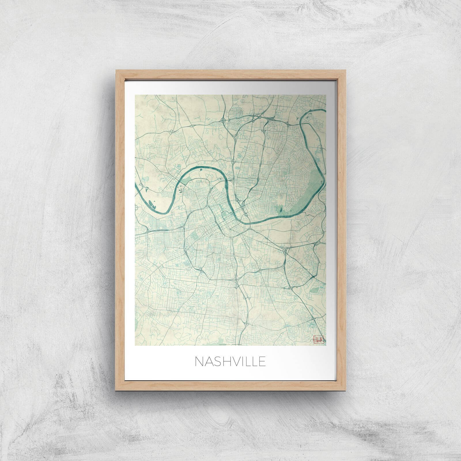 City Art Coloured Nashville Map Art Print - A2 - Wood Frame
