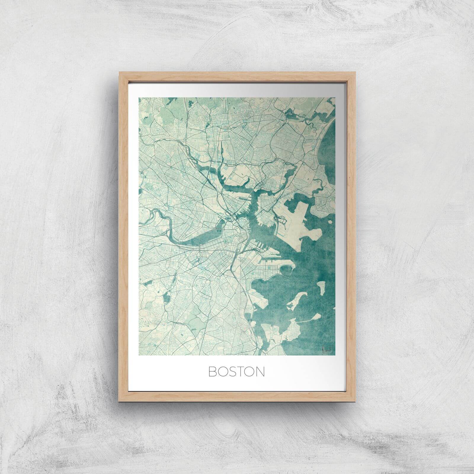 City Art Coloured Boston Map Art Print - A2 - Wood Frame
