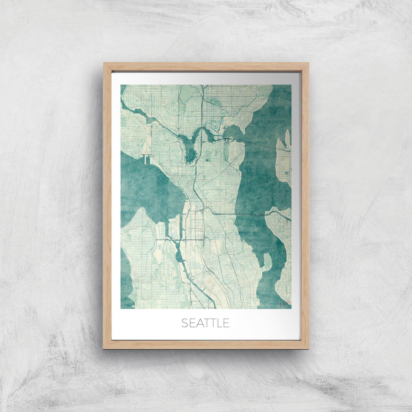 City Art Coloured Seattle Map Art Print - A2 - Wood Frame