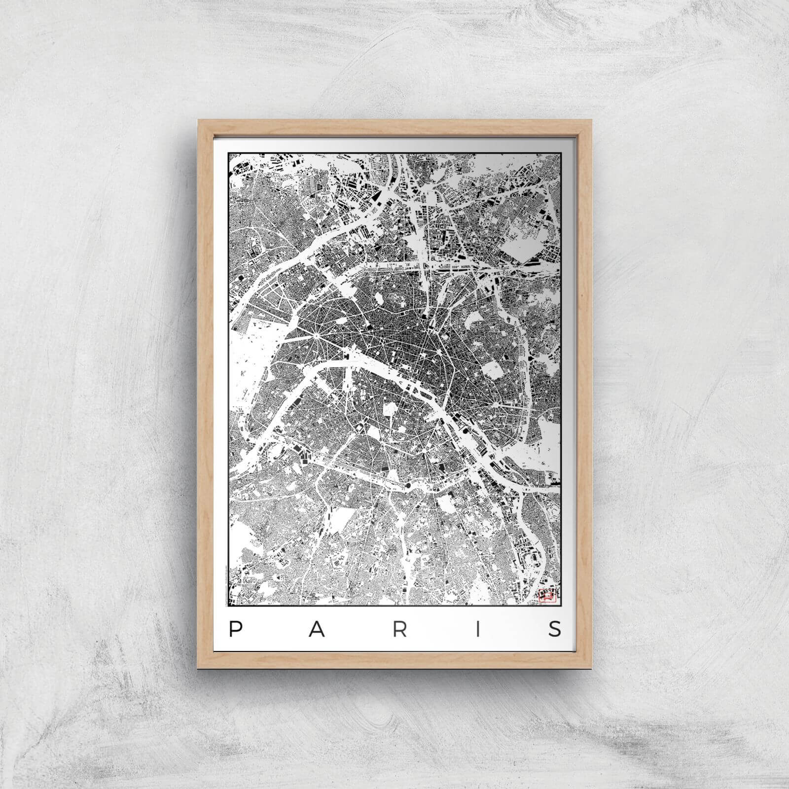 City Art Black and White Paris Map Art Print - A2 - Wood Frame