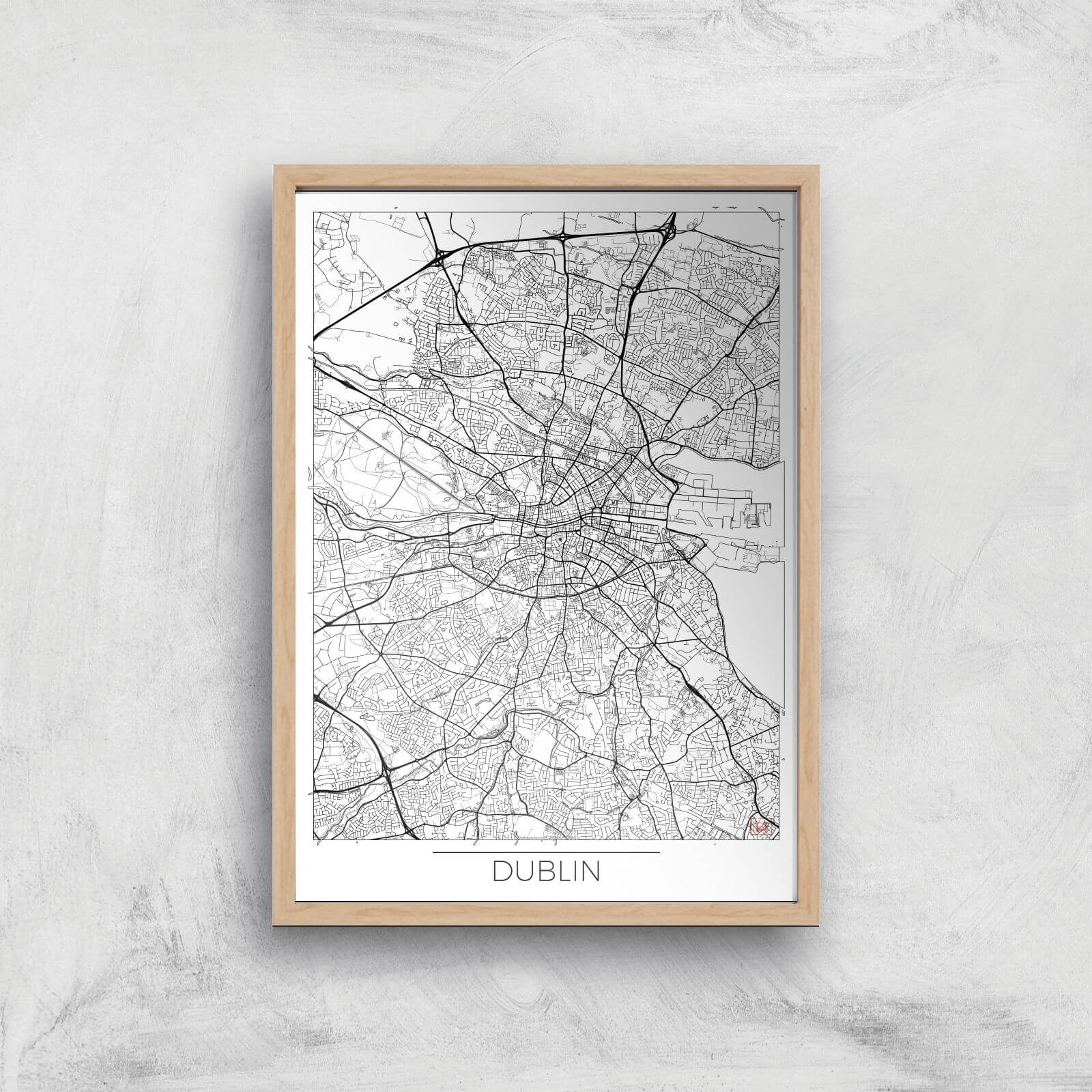 City Art Black and White Outlined Dublin Map Art Print - A2 - Wood Frame