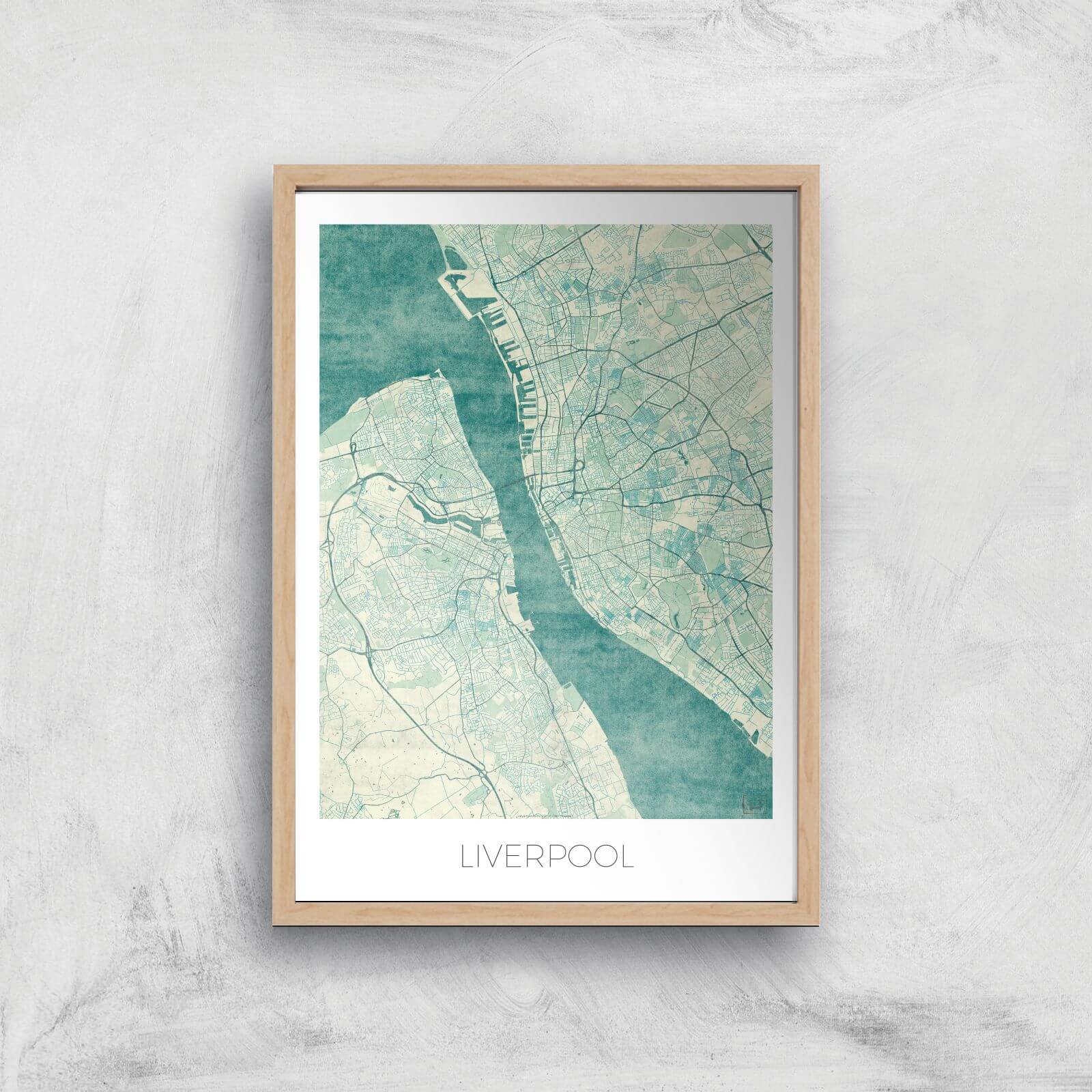 City Art Coloured Liverpool Map Art Print - A2 - Wood Frame