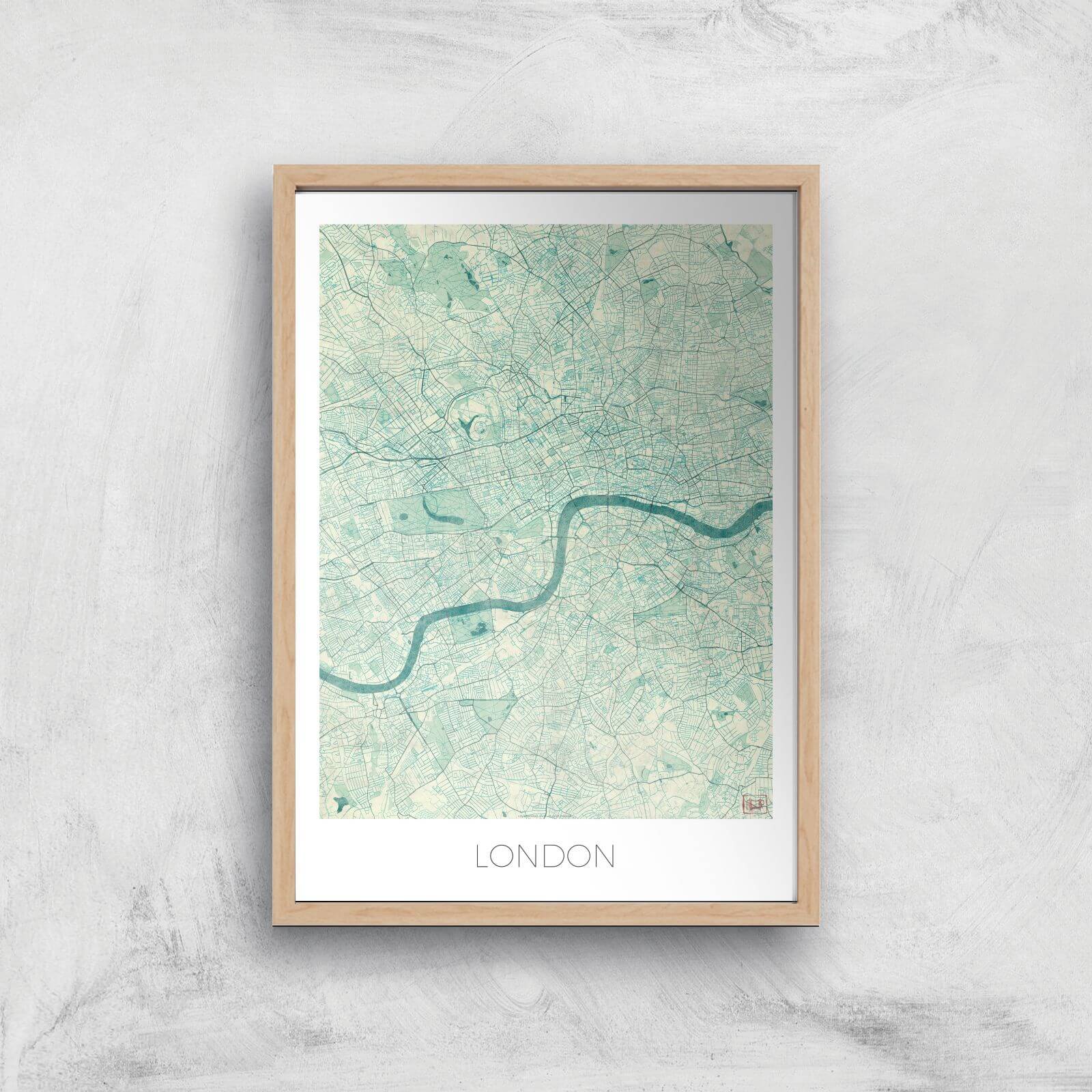 City Art Coloured London Map Art Print - A2 - Wood Frame