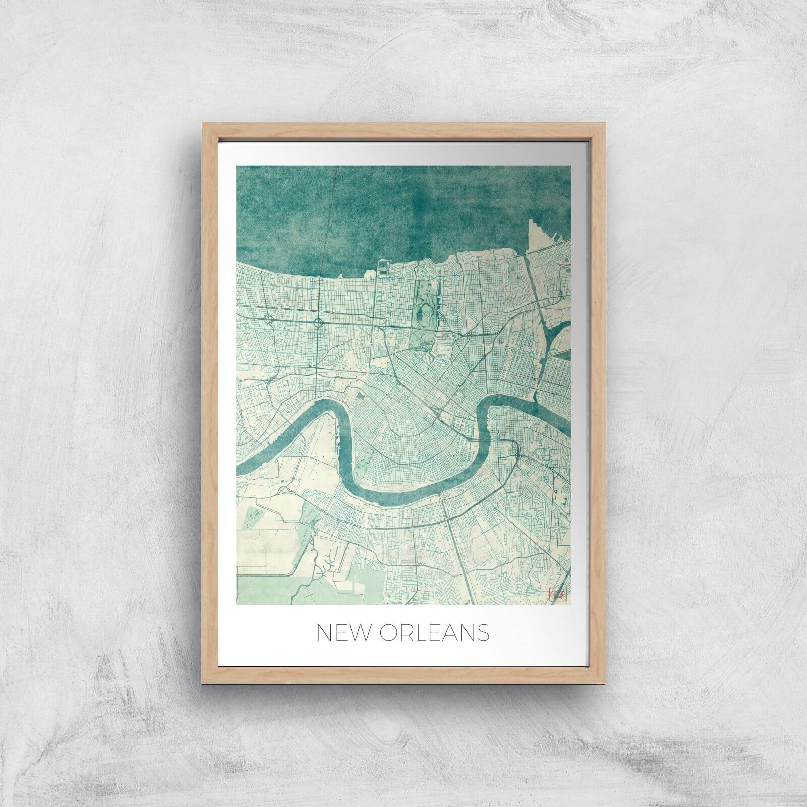 City Art Coloured New Orleans Map Art Print - A2 - Wood Frame