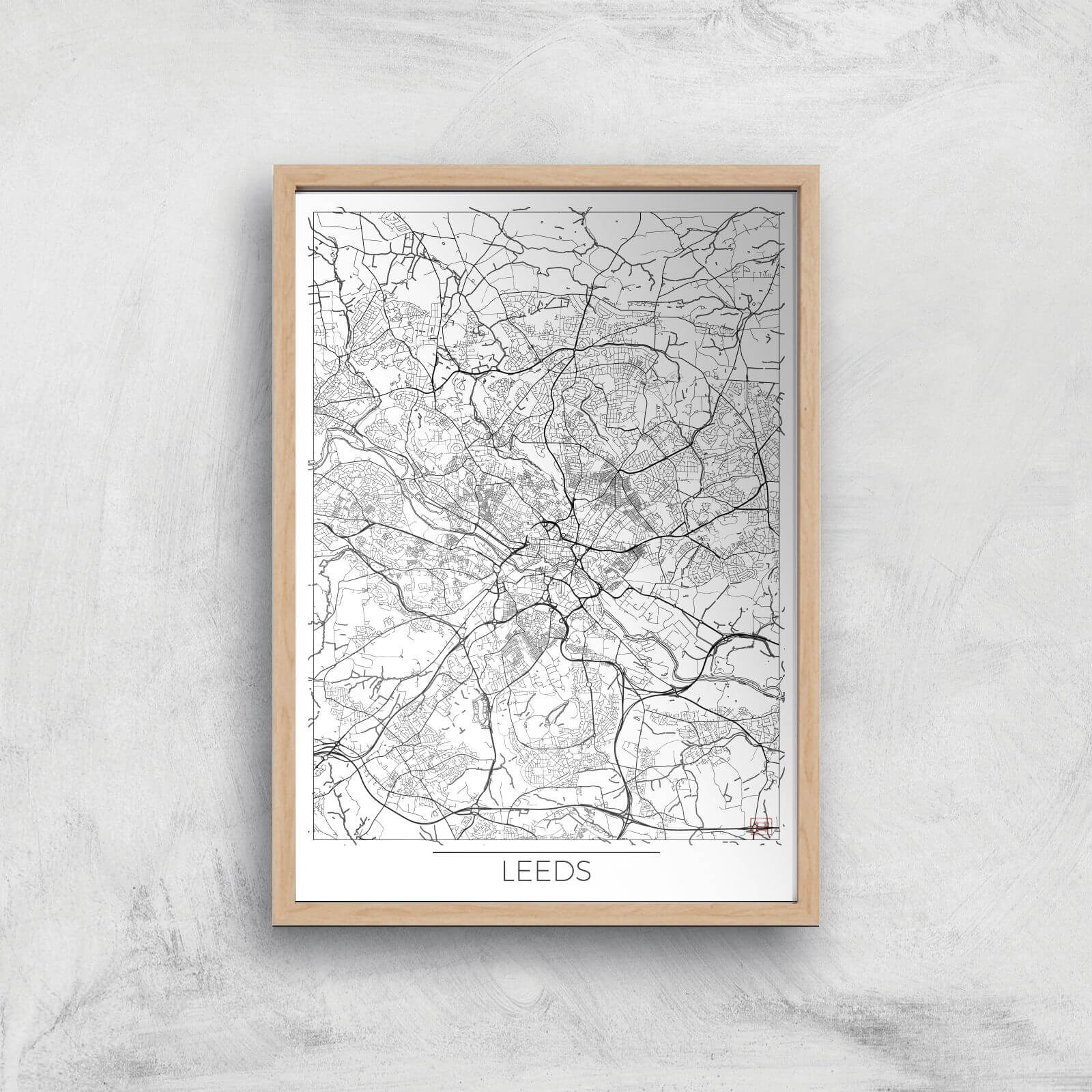 City Art Black and White Outlined Leeds Map Art Print - A2 - Wood Frame