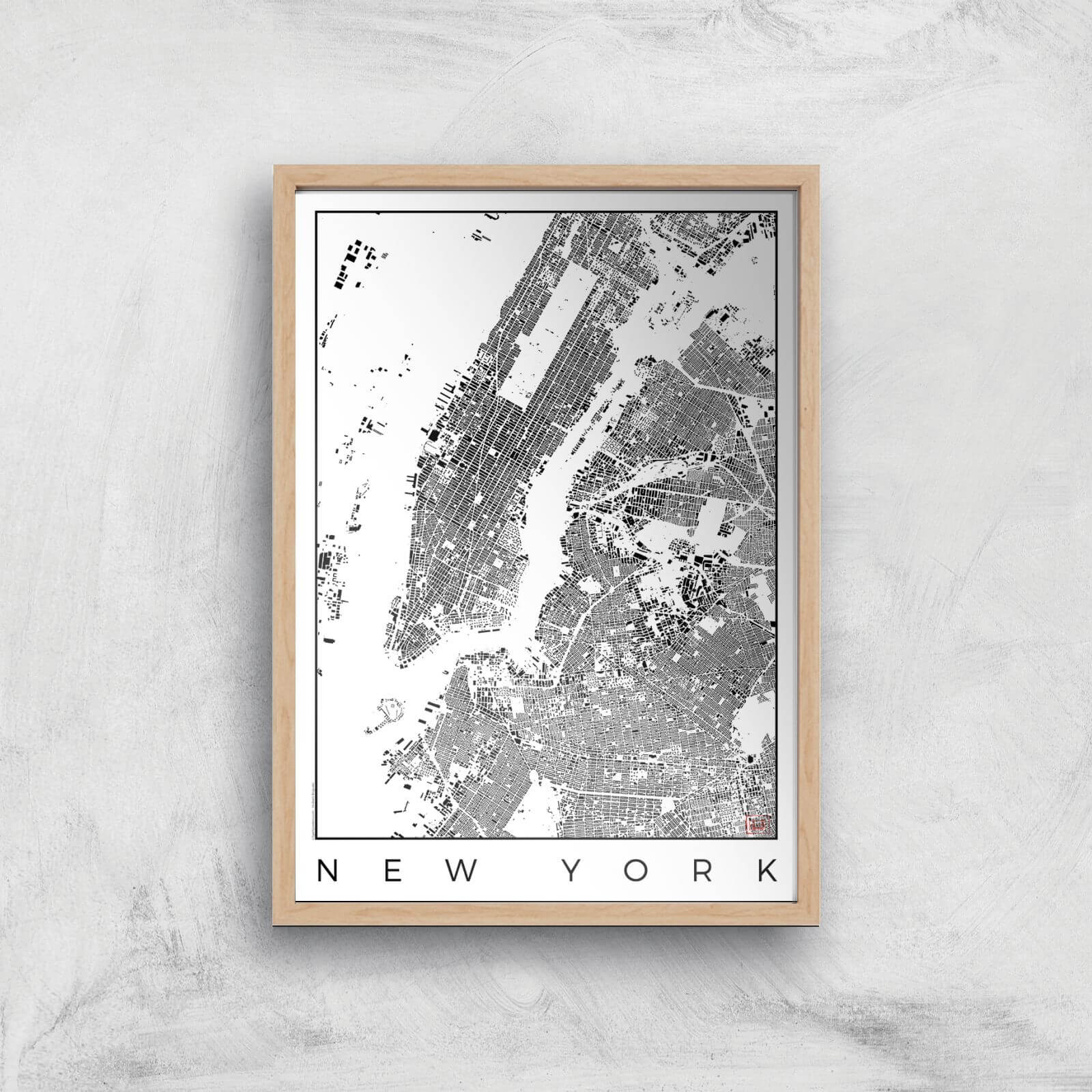 City Art Black and White New York Map Art Print - A2 - Wood Frame