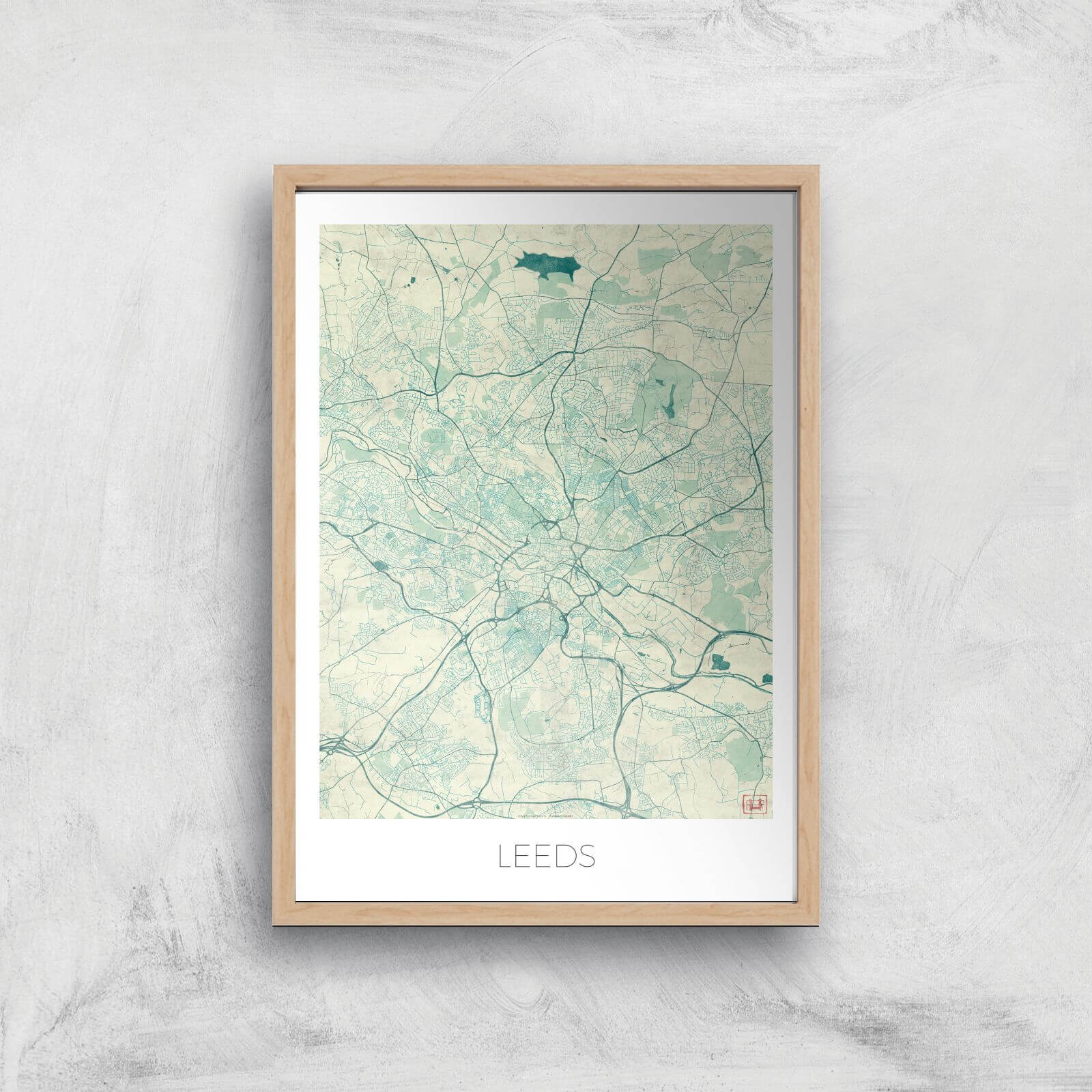 City Art Coloured Leeds Map Art Print - A2 - Wood Frame