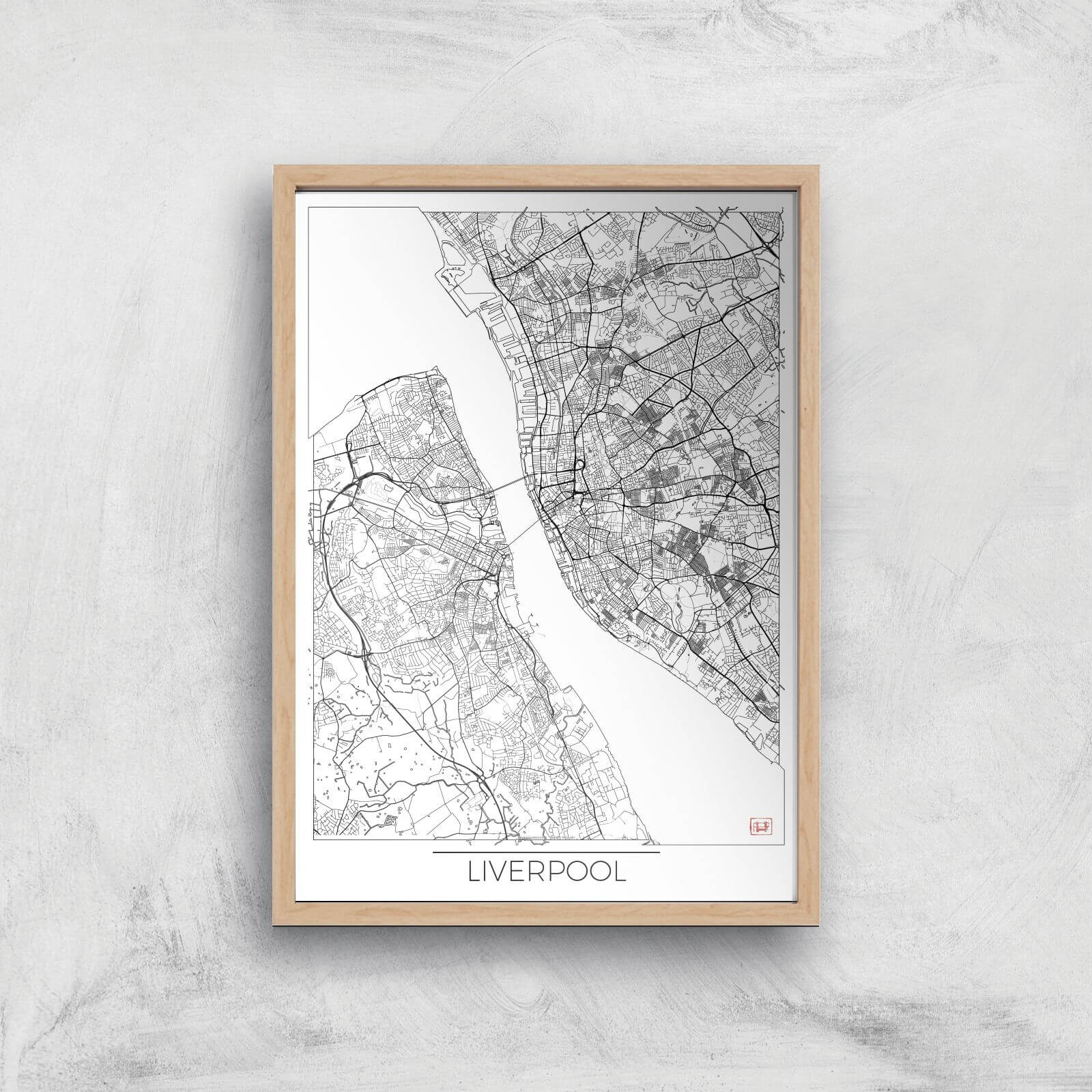 City Art Black and White Outlined Liverpool Map Art Print - A2 - Wood Frame