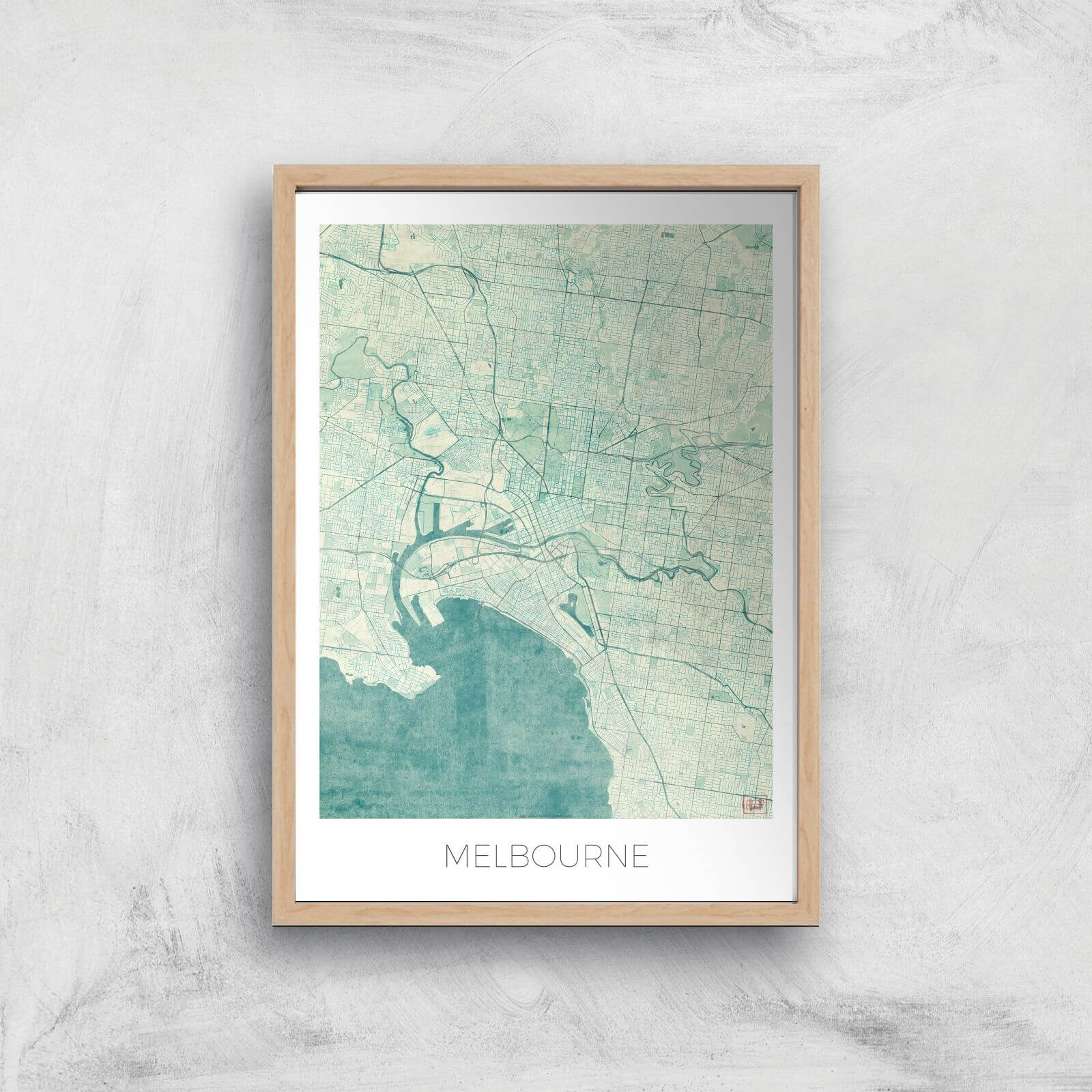 City Art Coloured Melbourne Map Art Print - A2 - Wood Frame