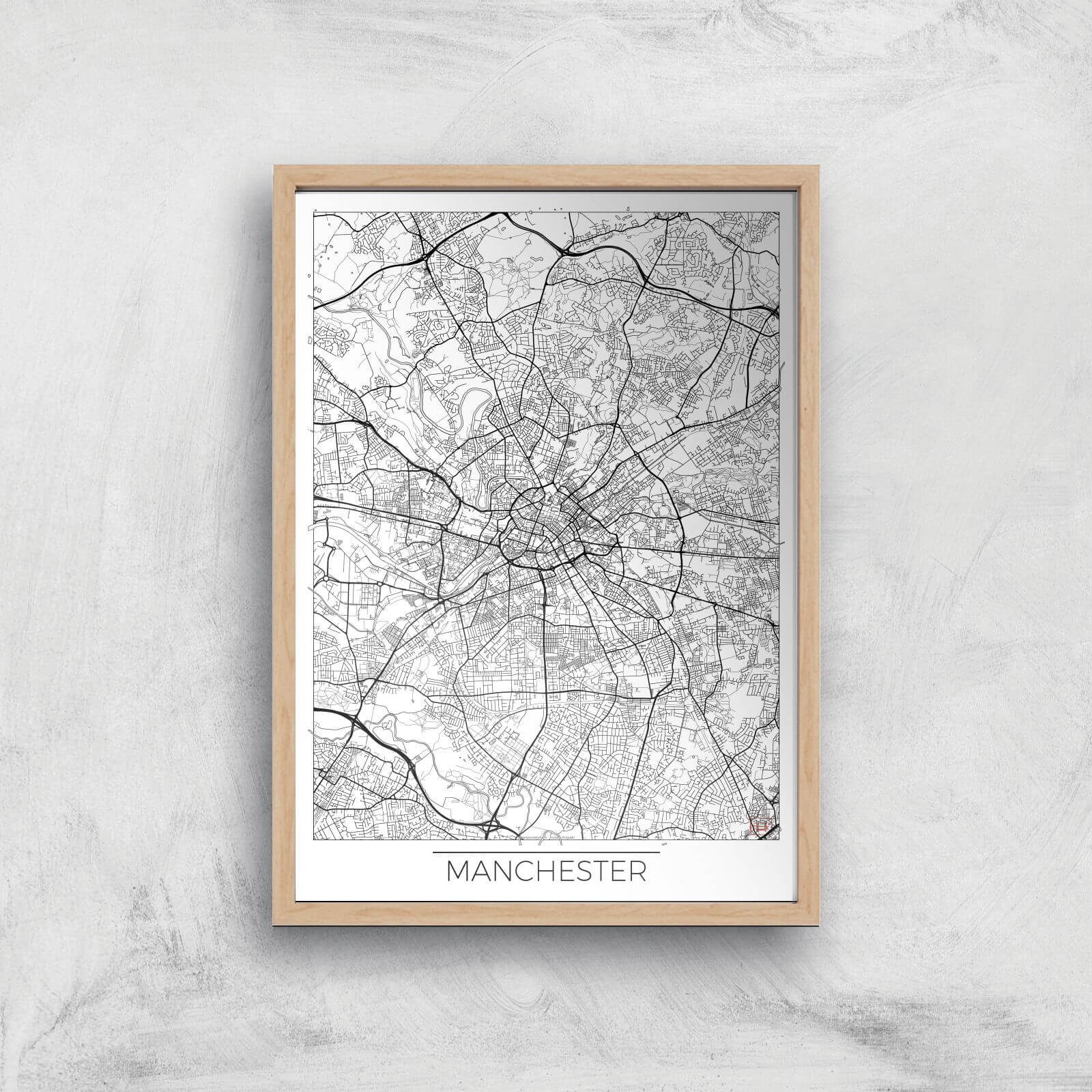 City Art Black and White Outlined Manchester Map Art Print - A2 - Wood Frame