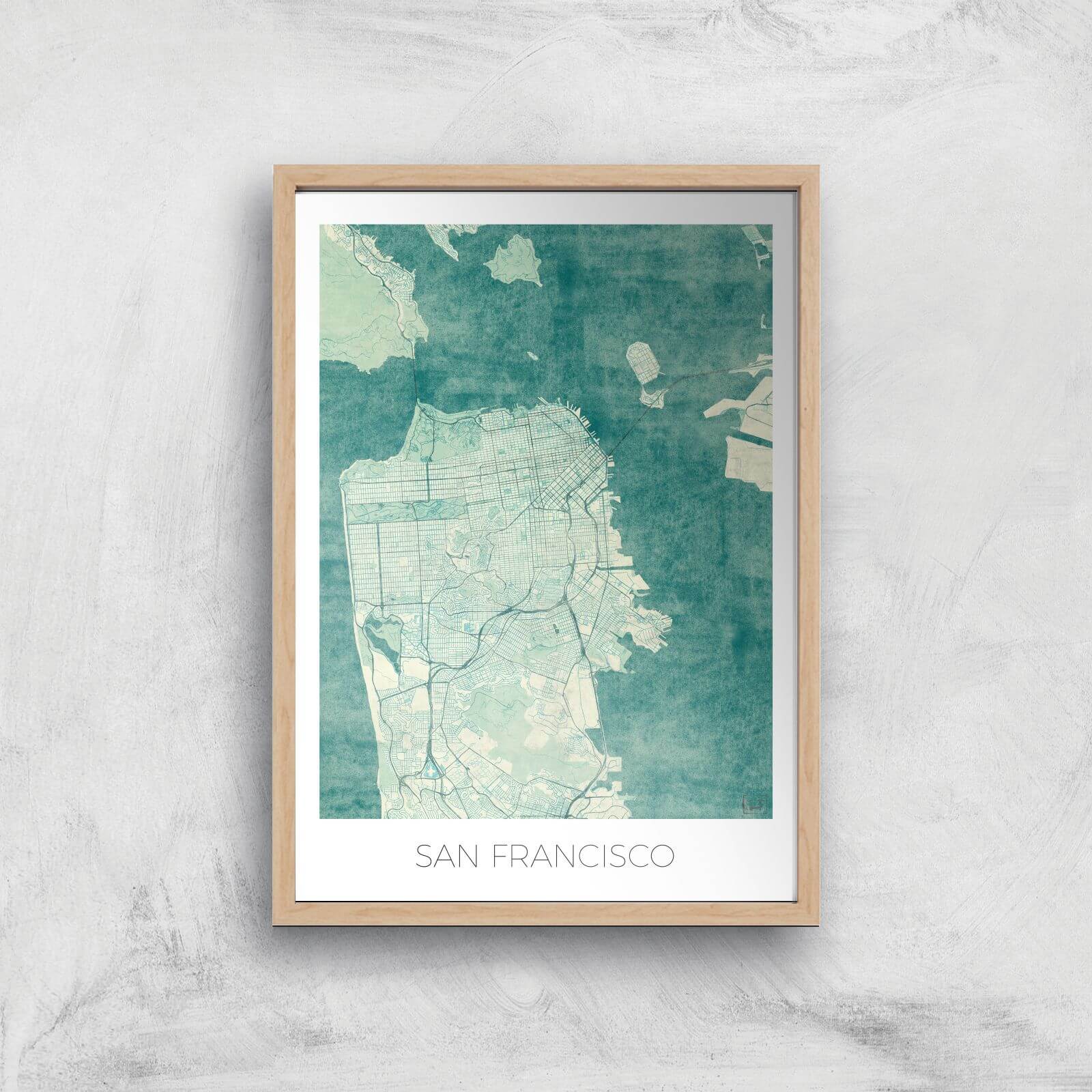 City Art Coloured San Francisco Map Art Print - A2 - Wood Frame