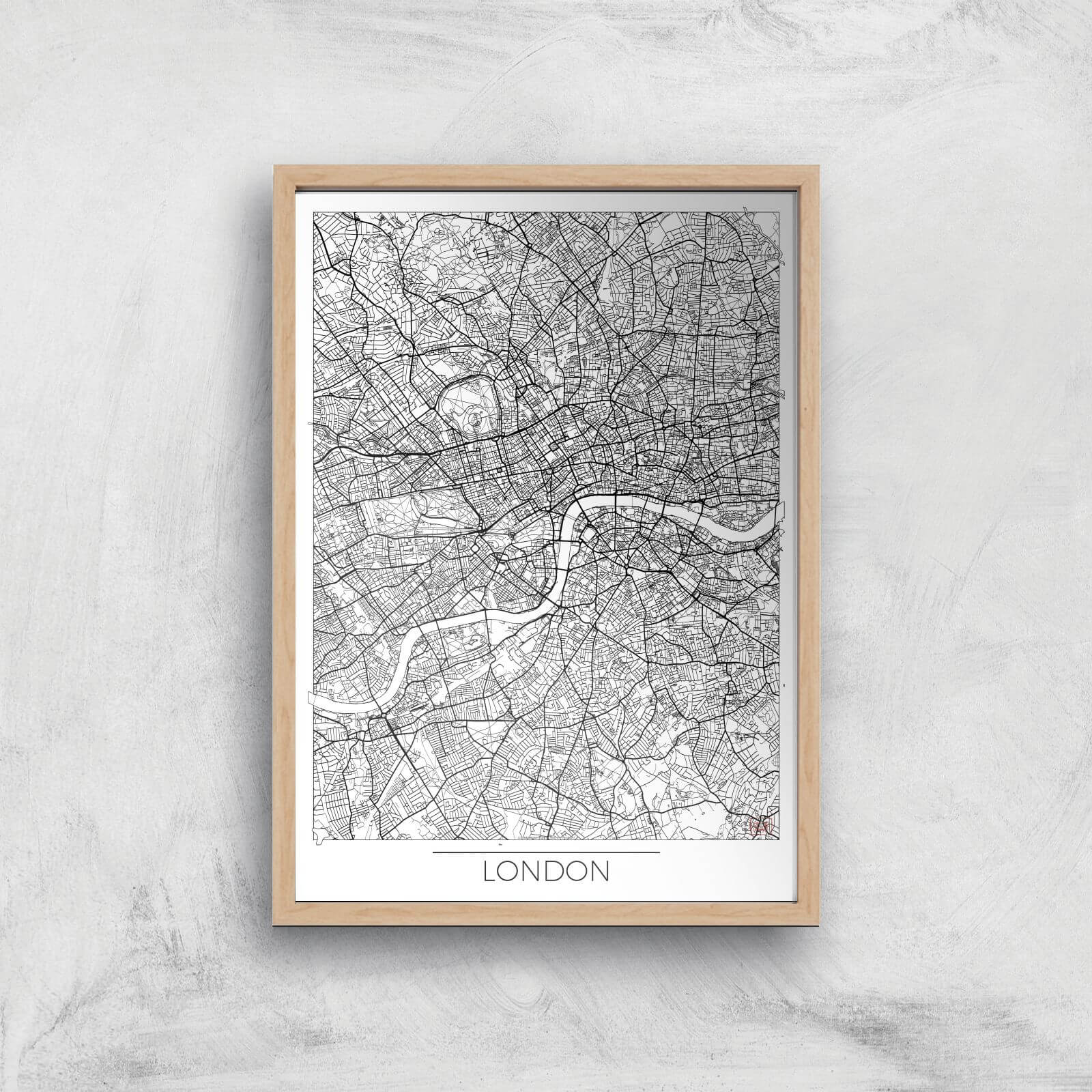 City Art Black and White Outlined London Map Art Print - A2 - Wood Frame