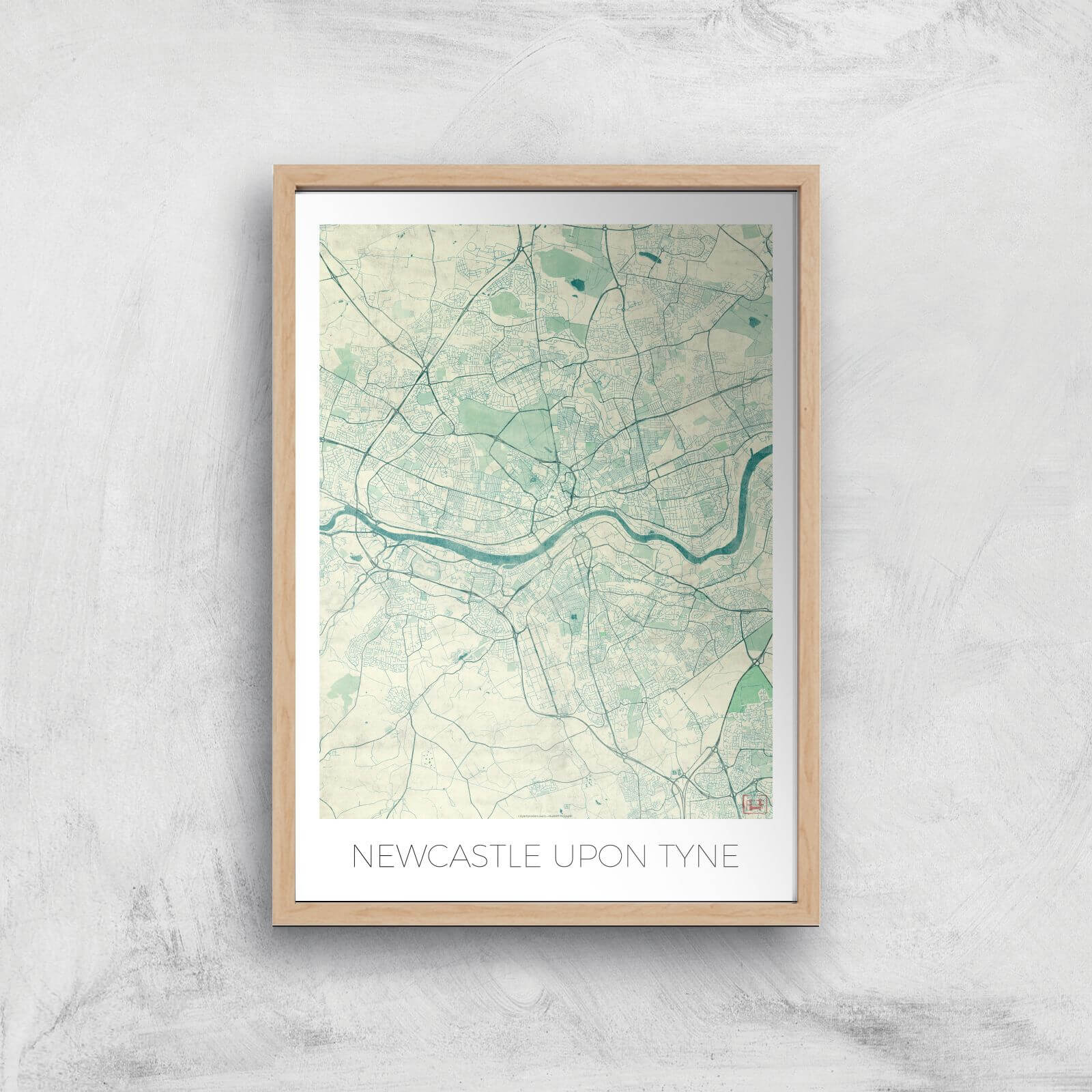 City Art Coloured Newcastle Map Art Print - A2 - Wood Frame