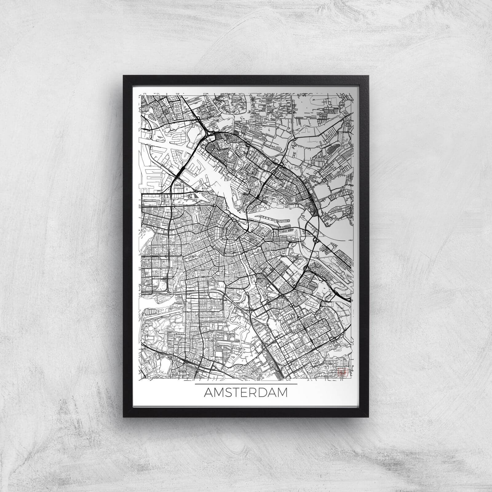 City Art Black and White Outlined Amsterdam Map Art Print - A3 - Black Frame