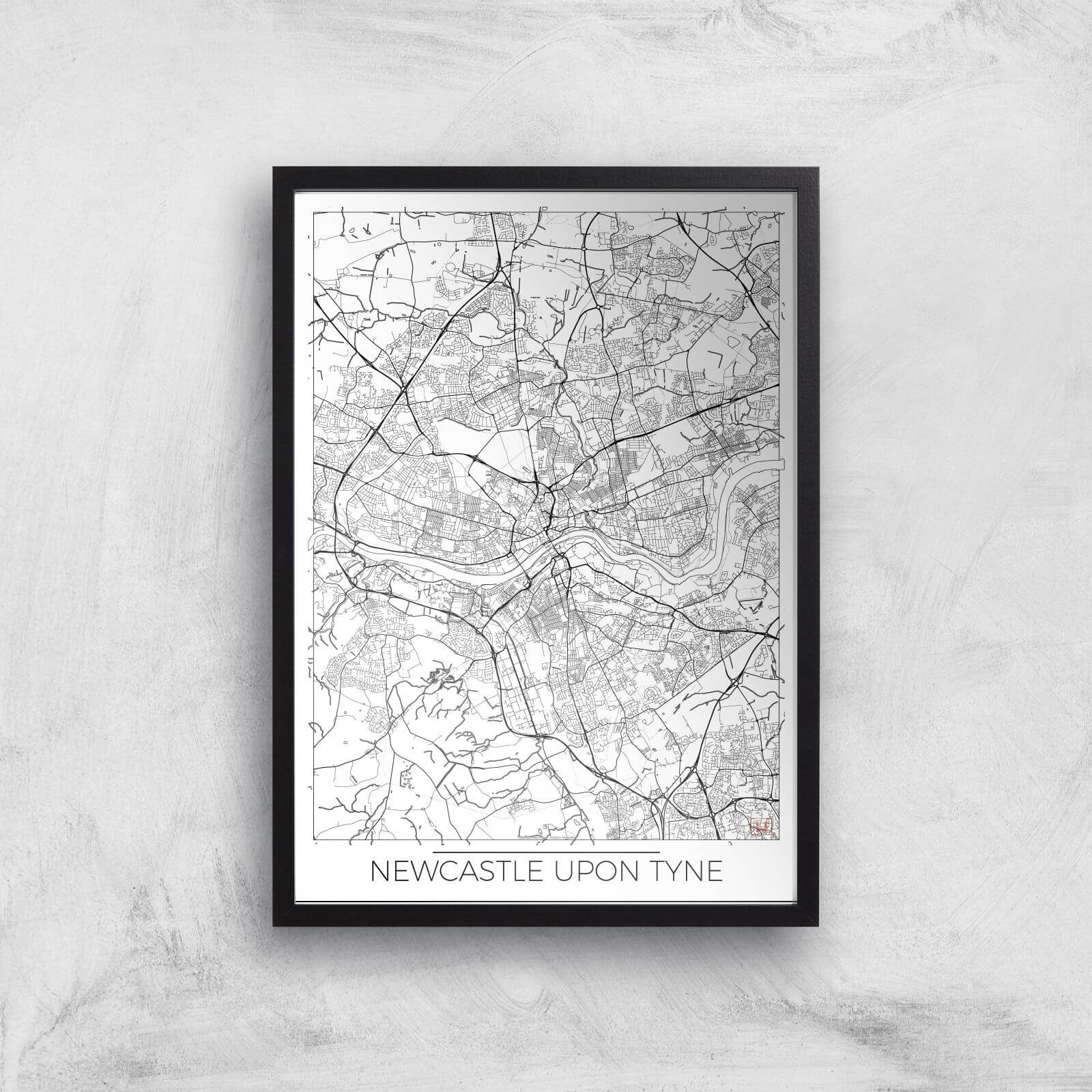 City Art Black and White Outlined Newcastle Map Art Print - A3 - Black Frame