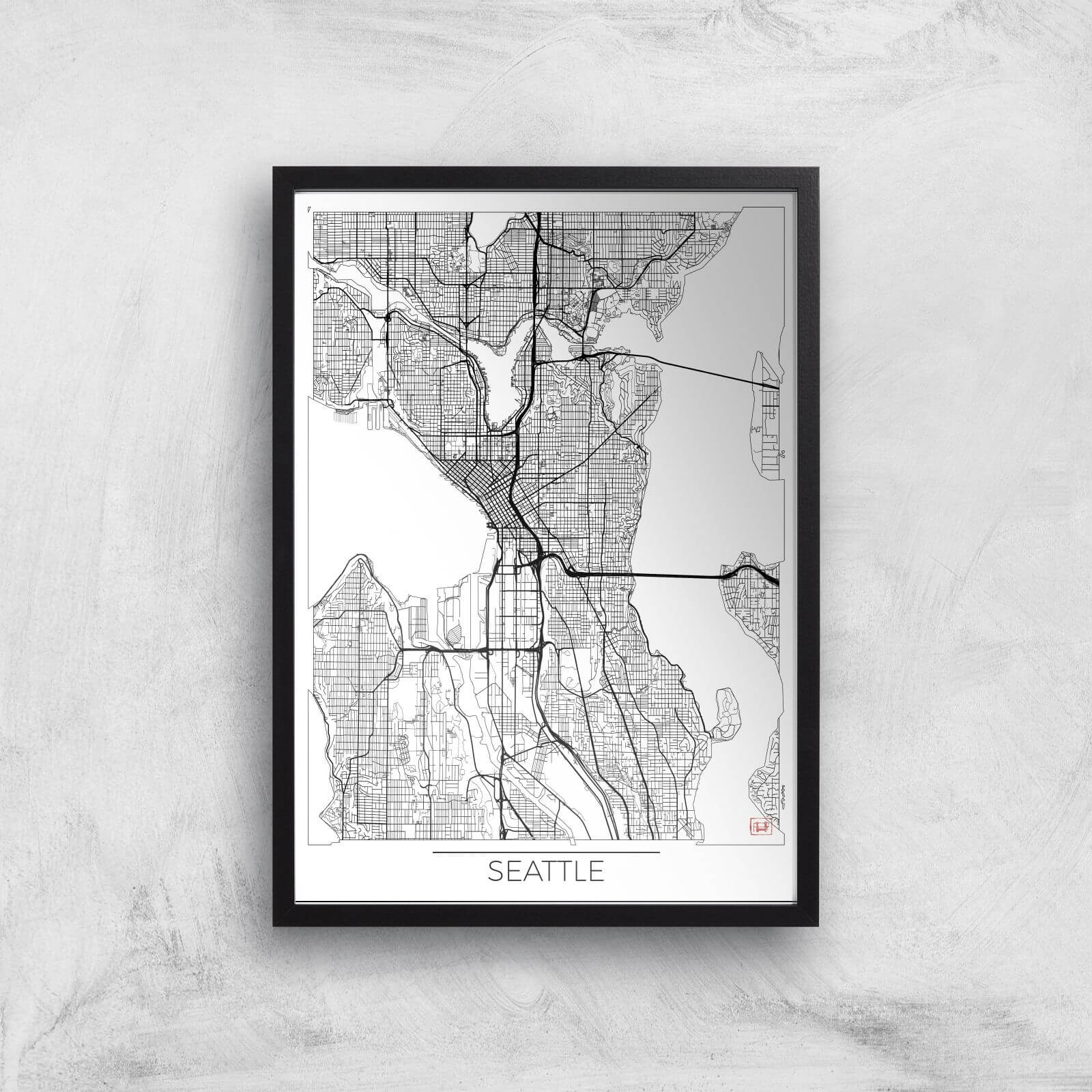 City Art Black and White Outlined Seattle Map Art Print - A3 - Black Frame