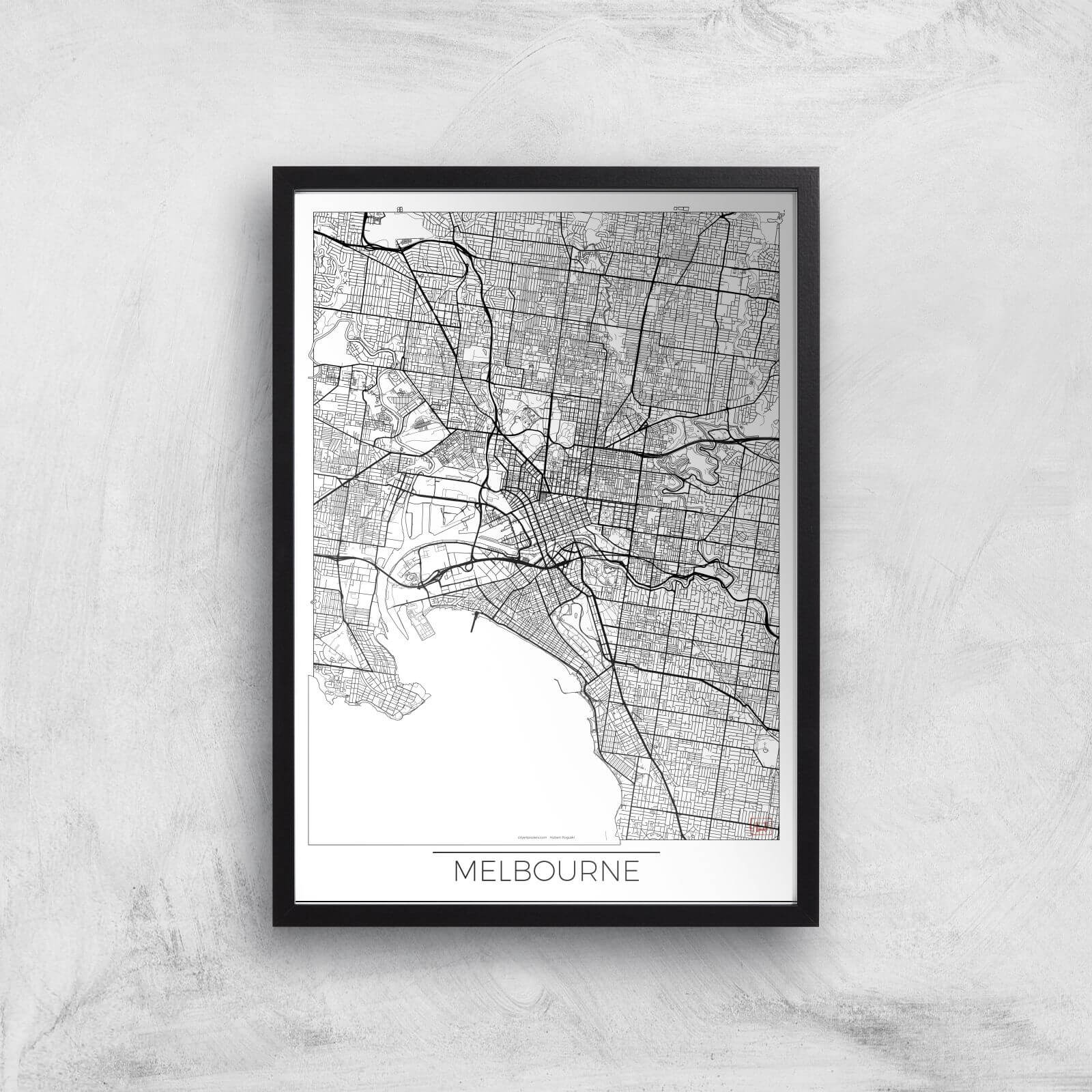 City Art Black and White Outlined Melbourne Map Art Print - A3 - Black Frame