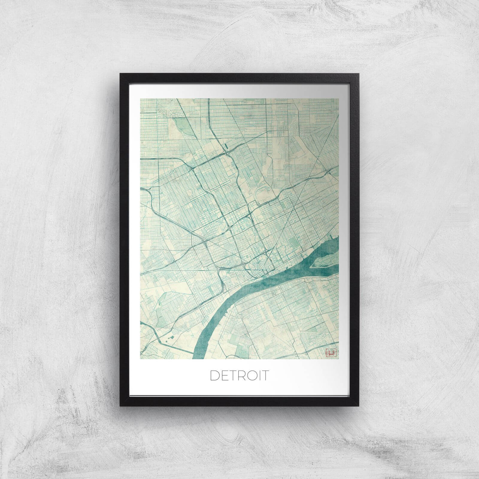 City Art Coloured Detroit Map Art Print - A3 - Black Frame