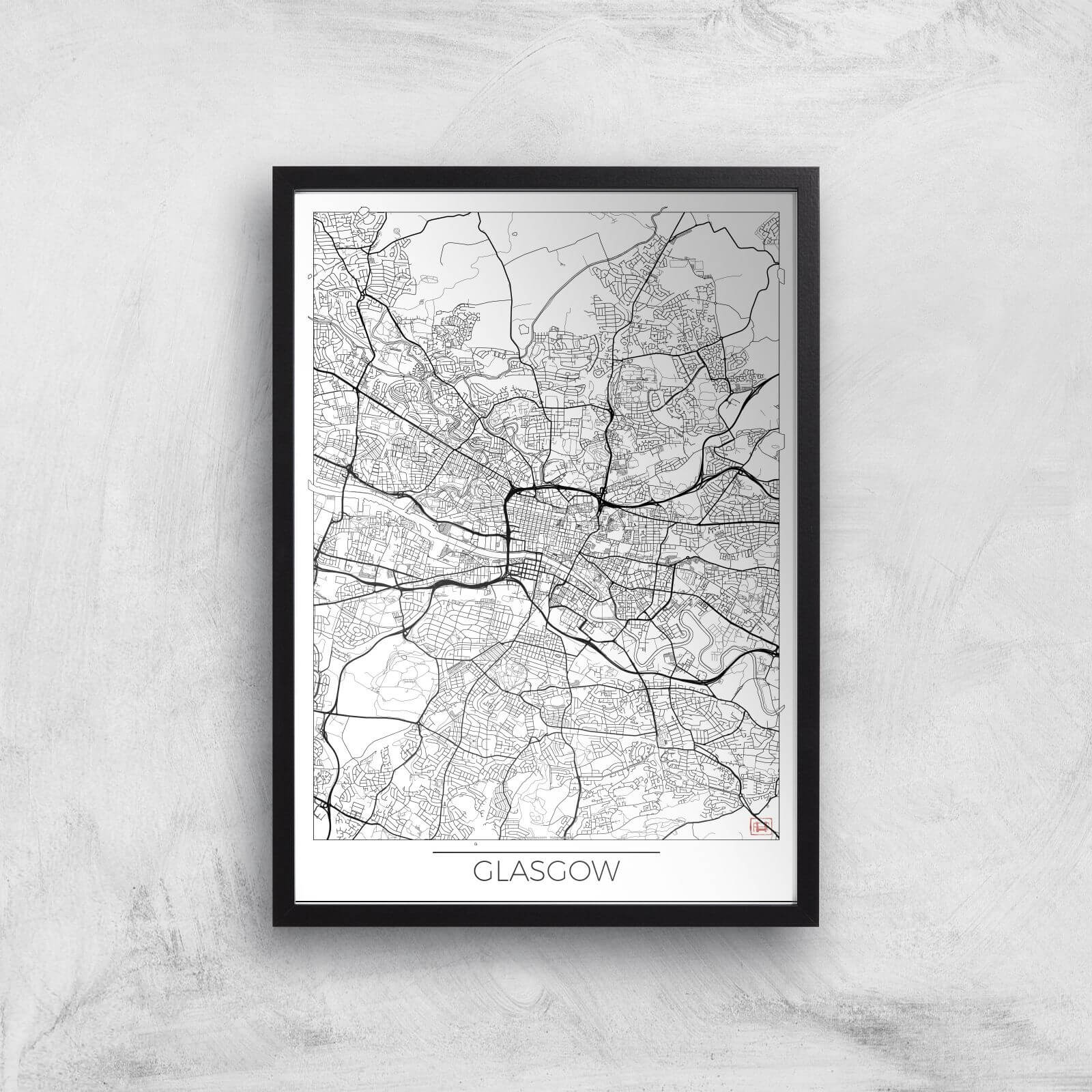 City Art Black and White Outlined Glasgow Map Art Print - A3 - Black Frame