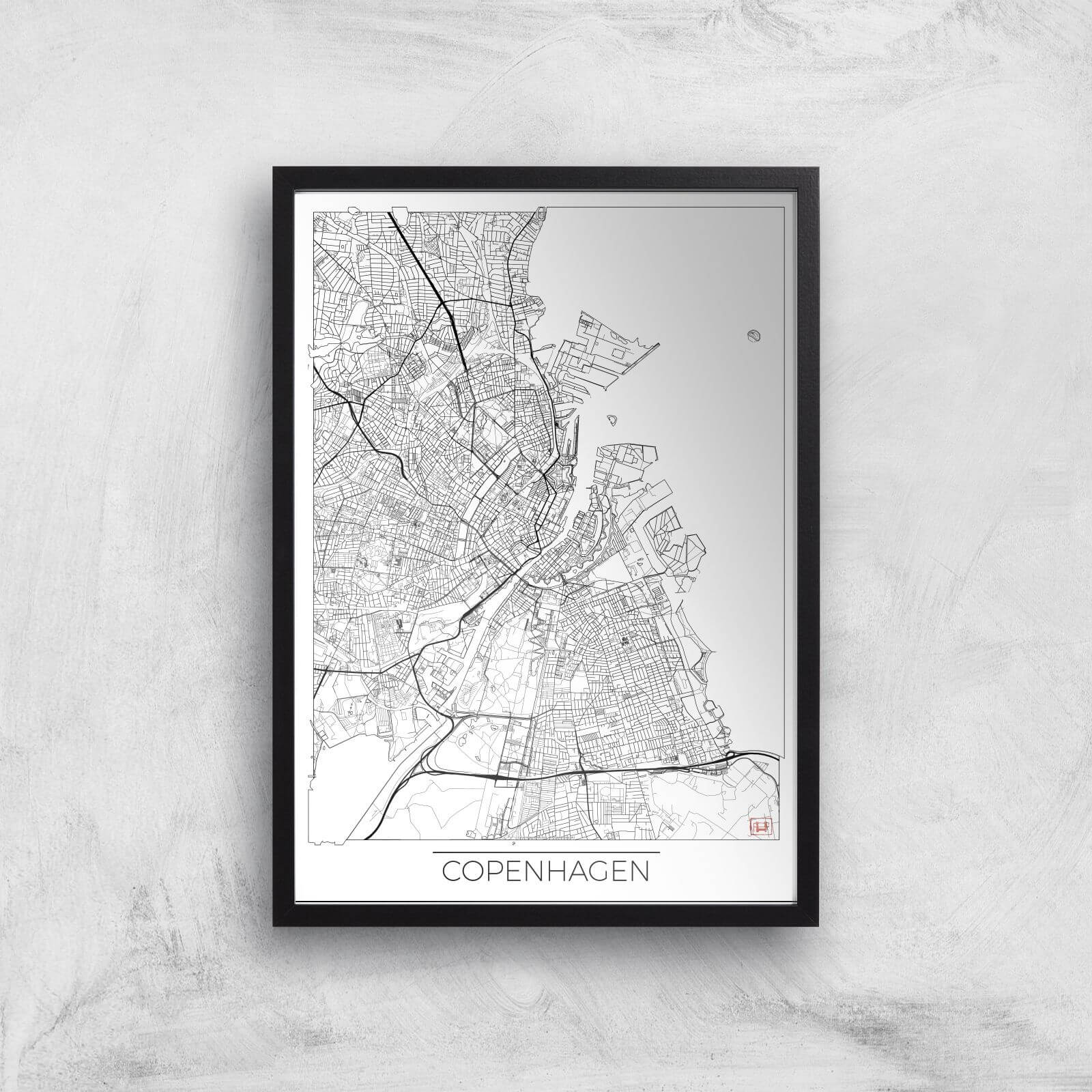 City Art Black and White Outlined Copenhagen Map Art Print - A3 - Black Frame