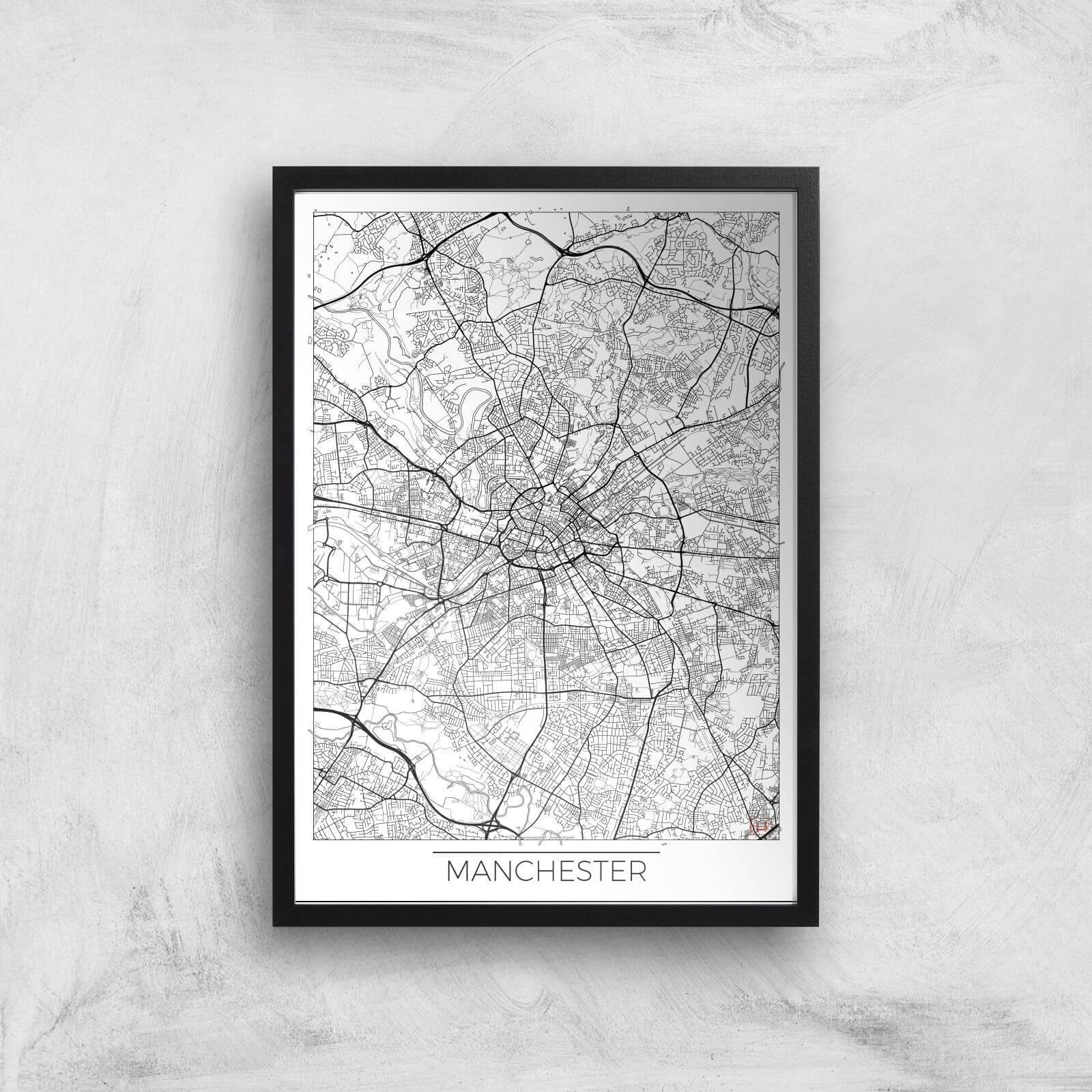 City Art Black and White Outlined Manchester Map Art Print - A3 - Black Frame