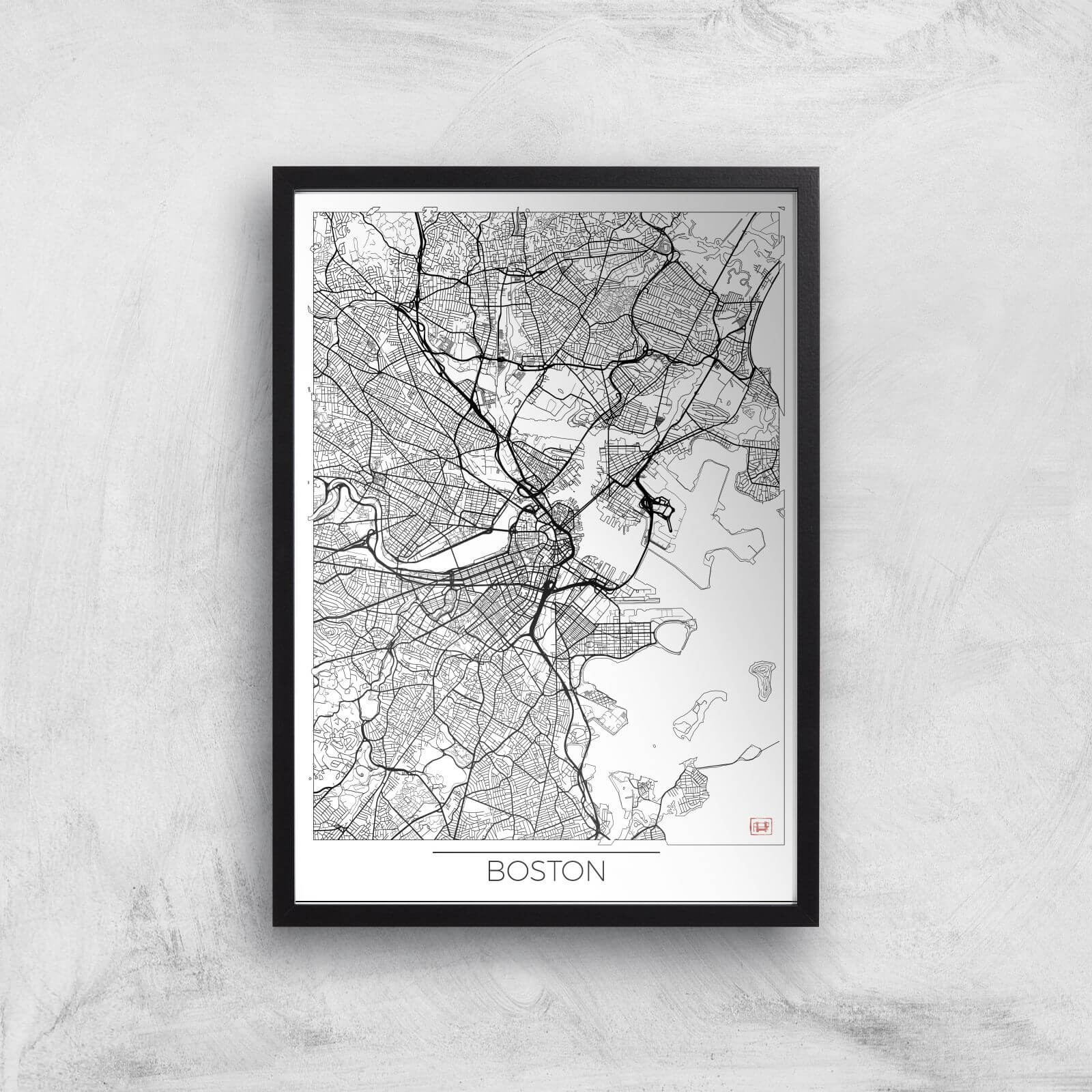 City Art Black and White Outlined Boston Map Art Print - A3 - Black Frame